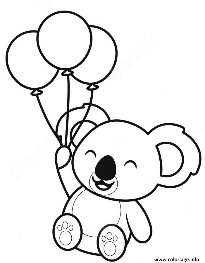 Dessin koala mignon tenant sur des ballons Coloriage Gratuit à Imprimer
