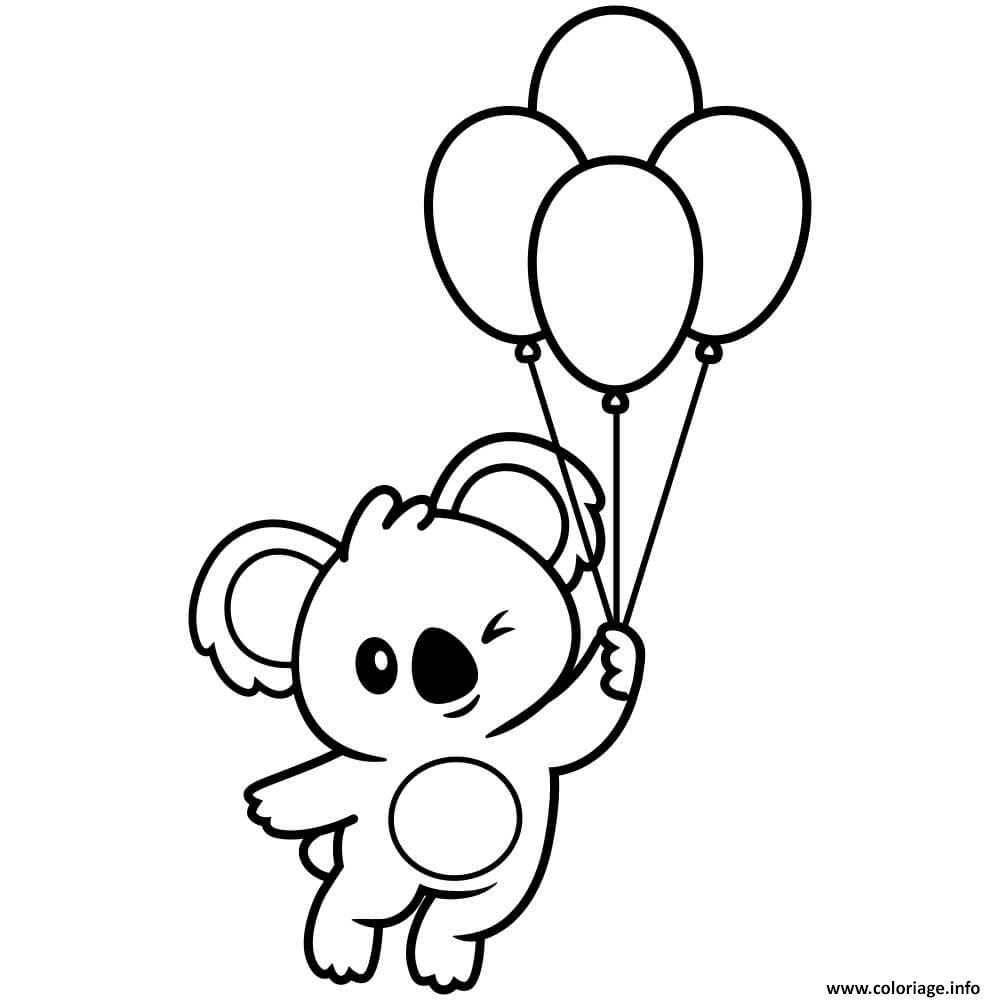 Dessin anniversaire de koala avec des ballons Coloriage Gratuit à Imprimer