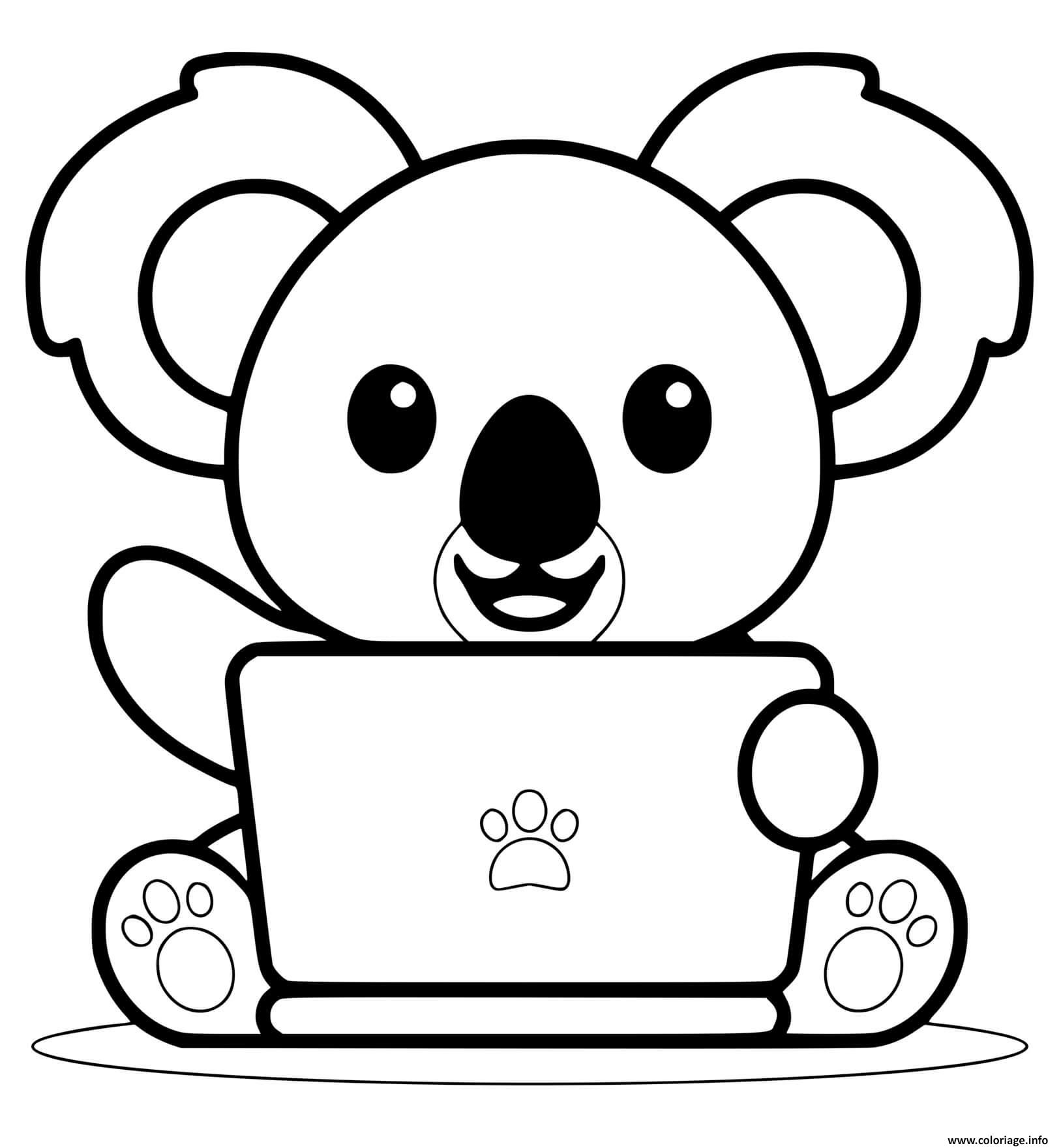 Dessin koala mignon jouant sur un ordinateur portable Coloriage Gratuit à Imprimer