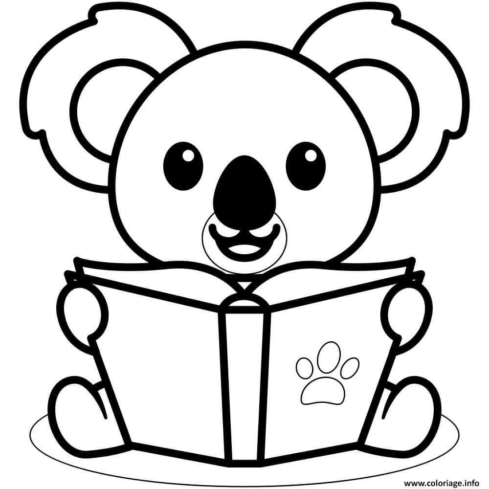 Dessin koala aime la lecture livre animaux Coloriage Gratuit à Imprimer