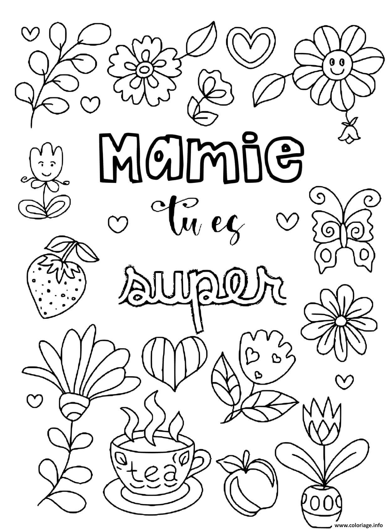 Dessin mamie tu es super fleurs Coloriage Gratuit à Imprimer