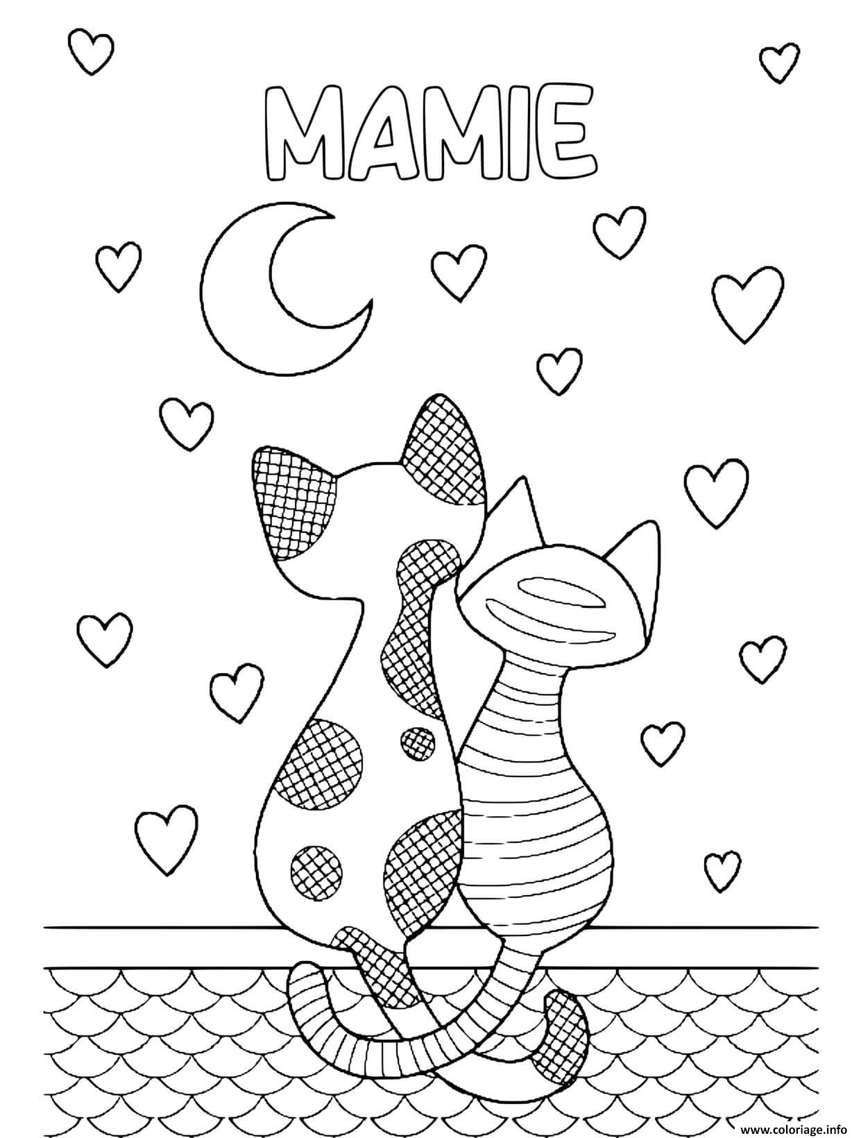 Coloriage Bonne Fete Des Mamies Deux Chats Coeurs Dessin à Imprimer