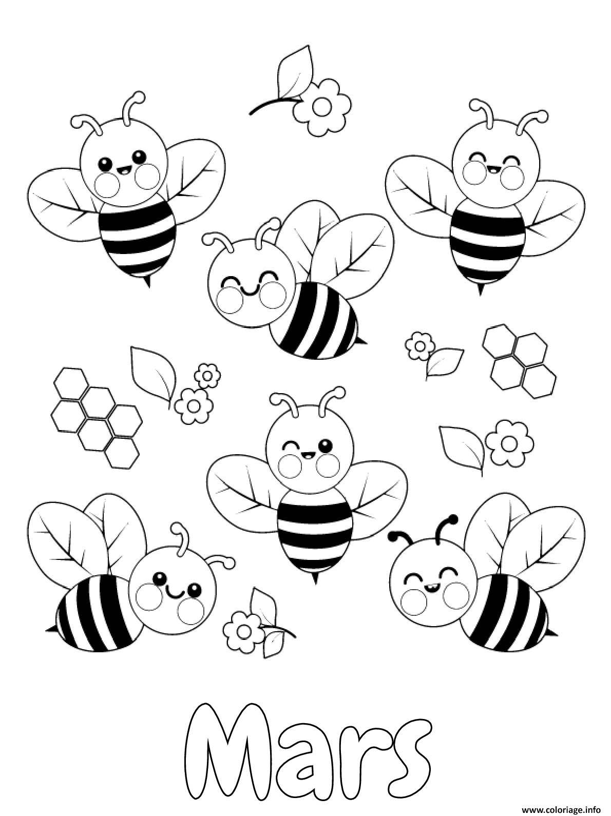 Dessin mois de mars abeilles miel Coloriage Gratuit à Imprimer