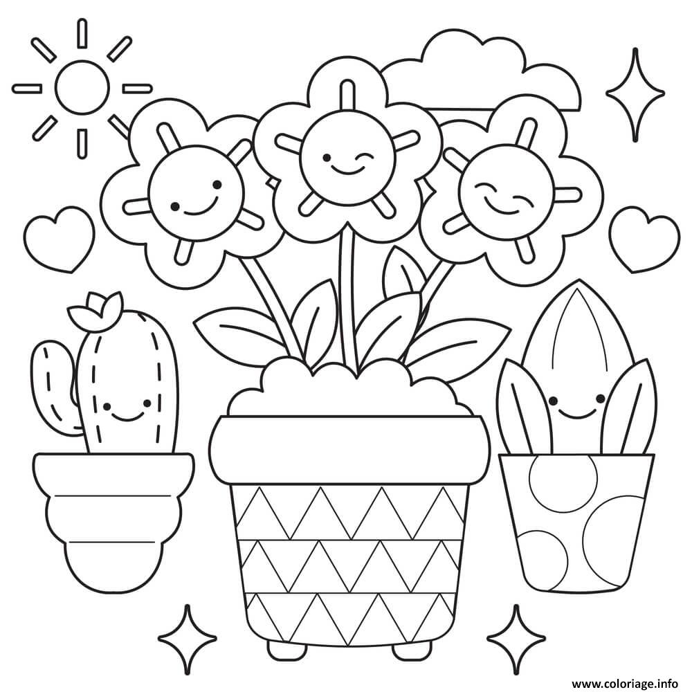 Coloriage Pots De Fleurs Cactus Printemps Kawaii Dessin à Imprimer