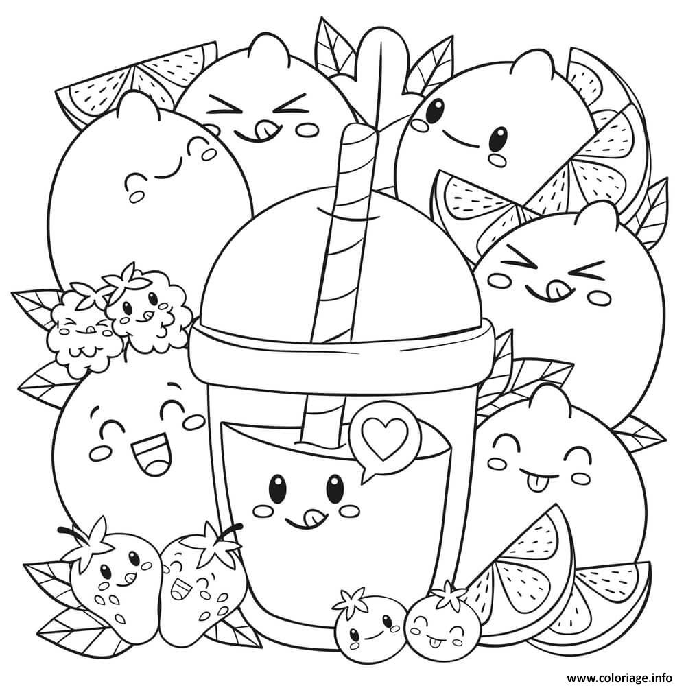 Dessin boissons et fruits frais kawaii printemps Coloriage Gratuit à Imprimer