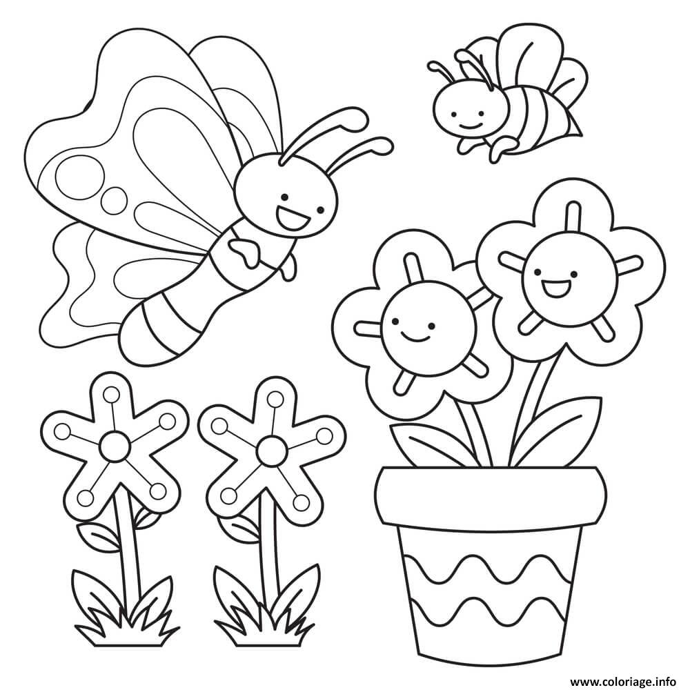 Dessin papillons fleurs abeille printemps maternelle Coloriage Gratuit à Imprimer