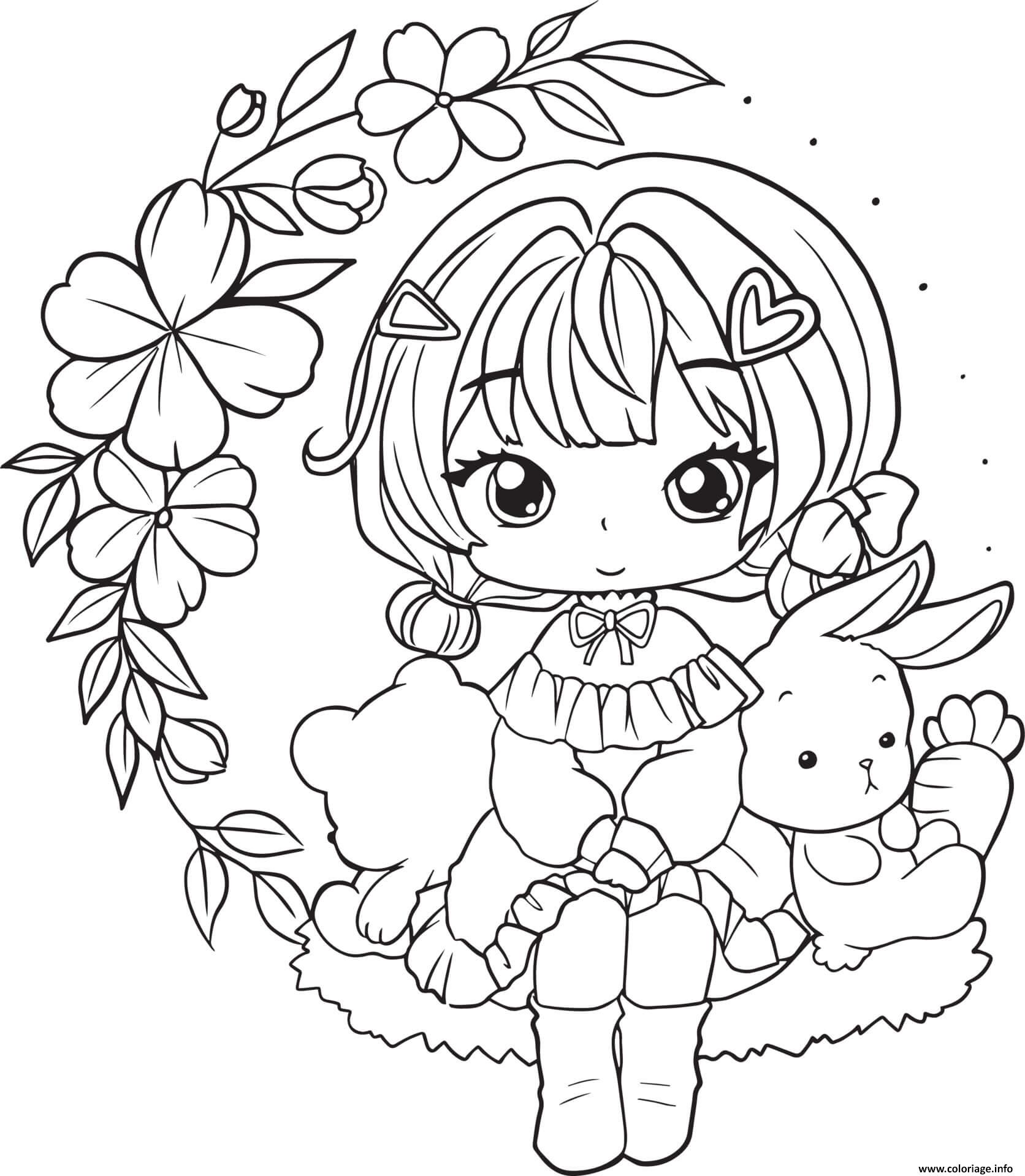 Dessin adorable fille manga avec un lapin Coloriage Gratuit à Imprimer