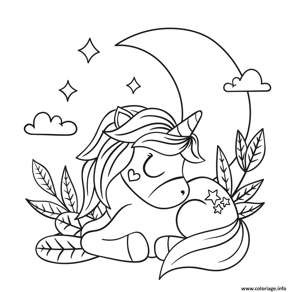 Dessin princesse licorne kawaii feuilles lune etoiles Coloriage Gratuit à Imprimer
