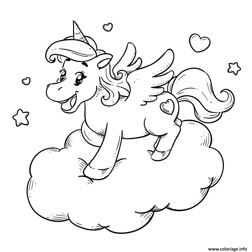 Dessin princesse licorne kawaii sur un nuage Coloriage Gratuit à Imprimer