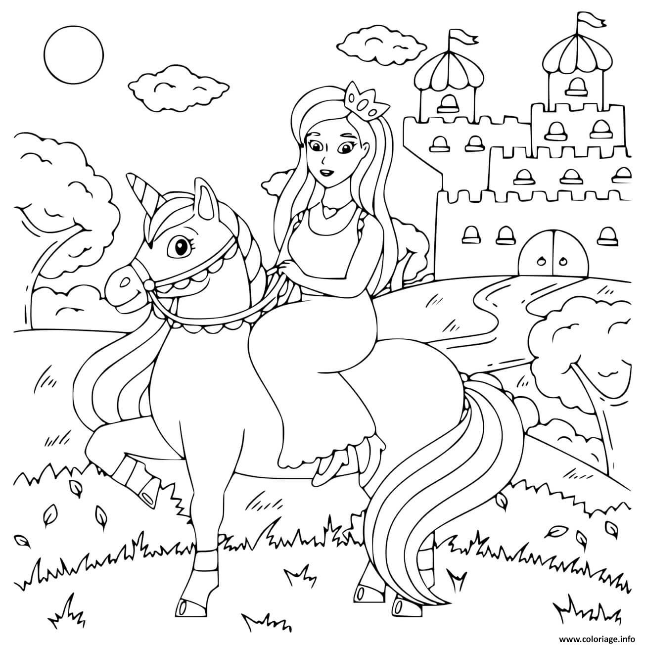 Dessin princess sur sa licorne devant son chateau Coloriage Gratuit à Imprimer