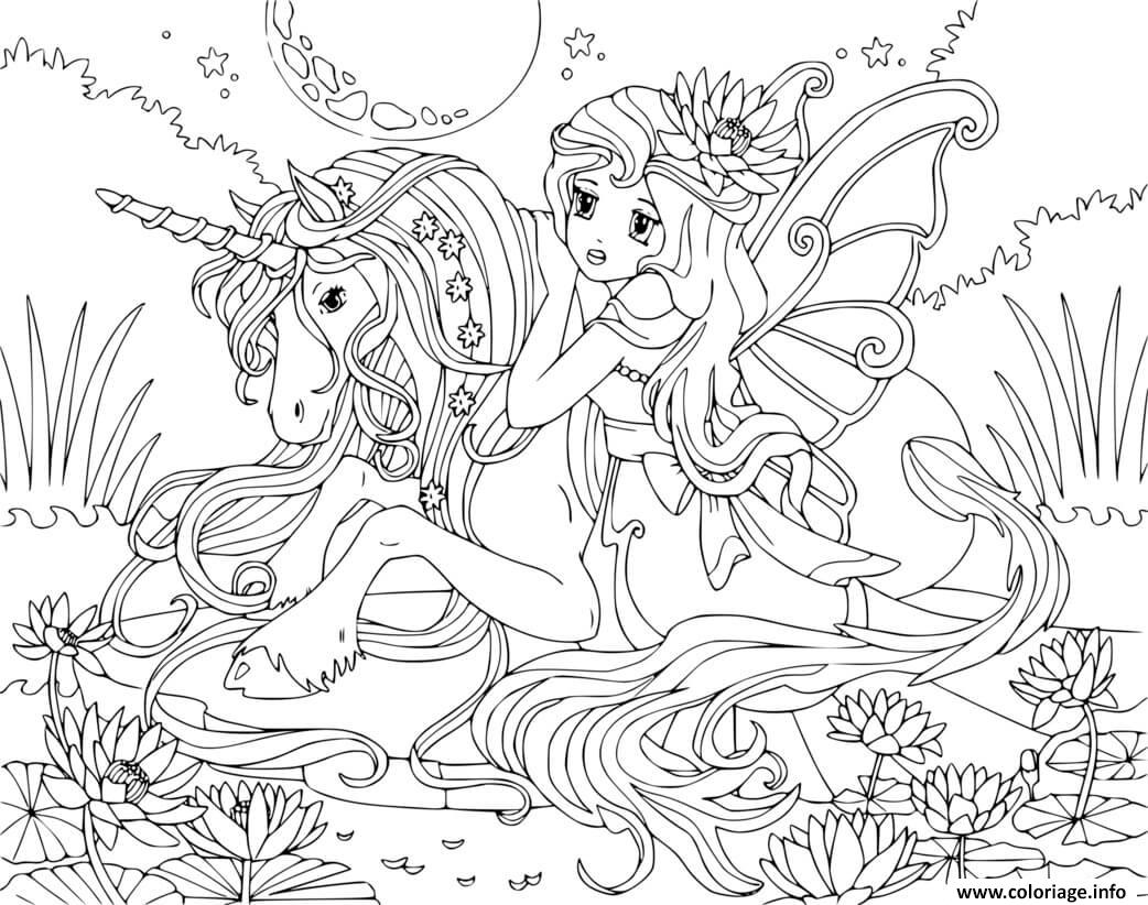 Dessin licorne et princesse fee femme Coloriage Gratuit à Imprimer