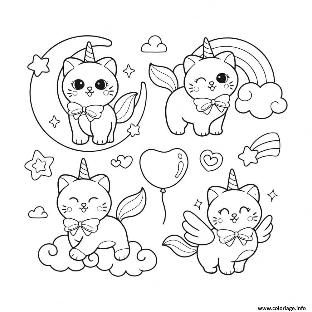 Dessin adorable chat licorne arc en ciel fille Coloriage Gratuit à Imprimer