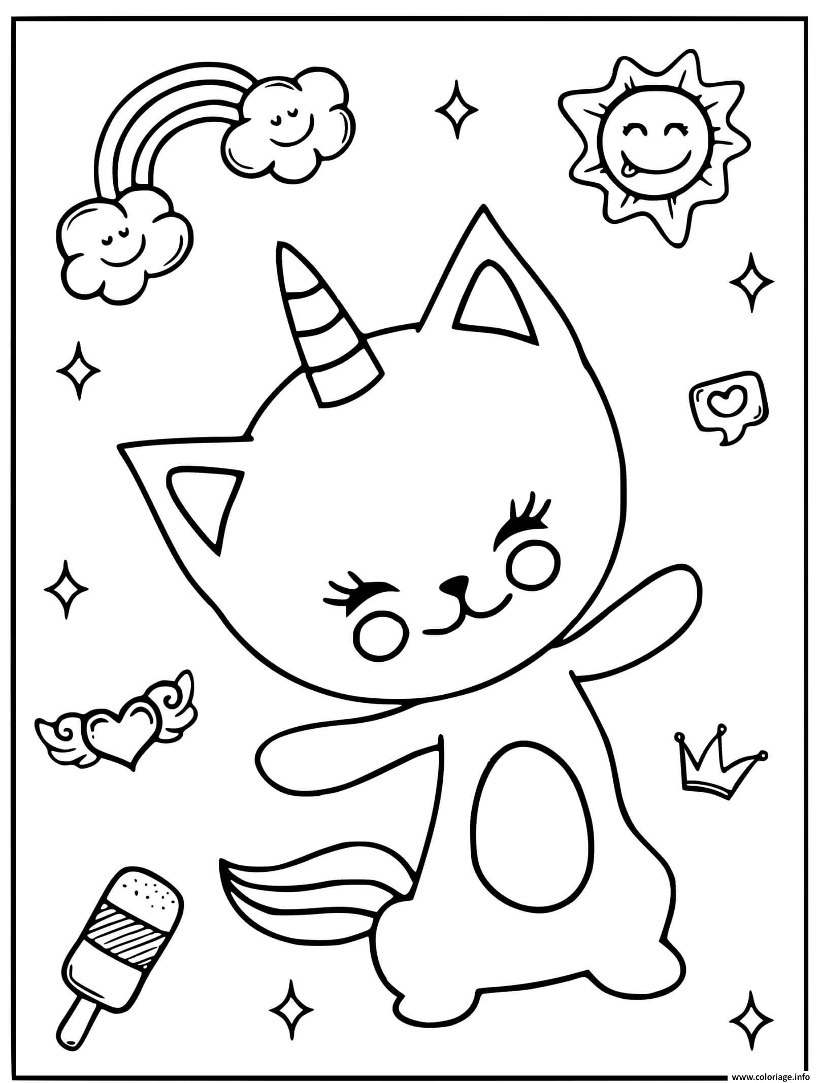 Dessin chat licorne joyeux avec des motifs Coloriage Gratuit à Imprimer