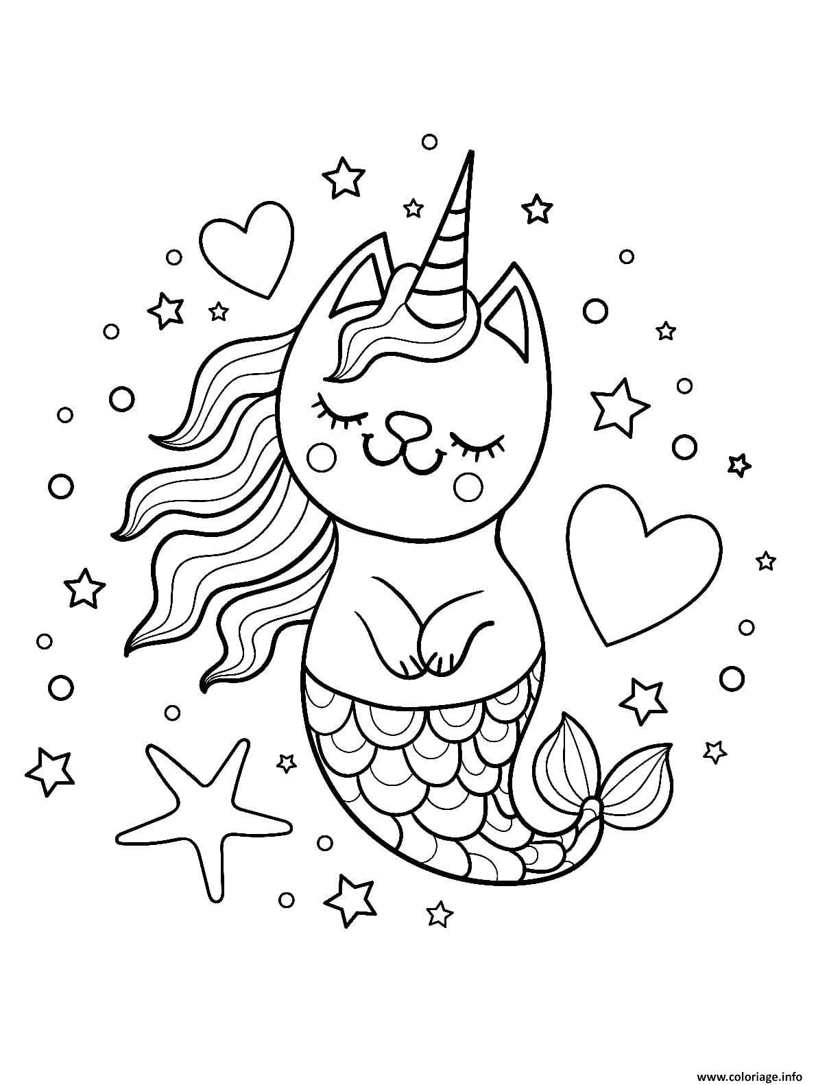 Dessin chat licorne sirene kawaii Coloriage Gratuit à Imprimer