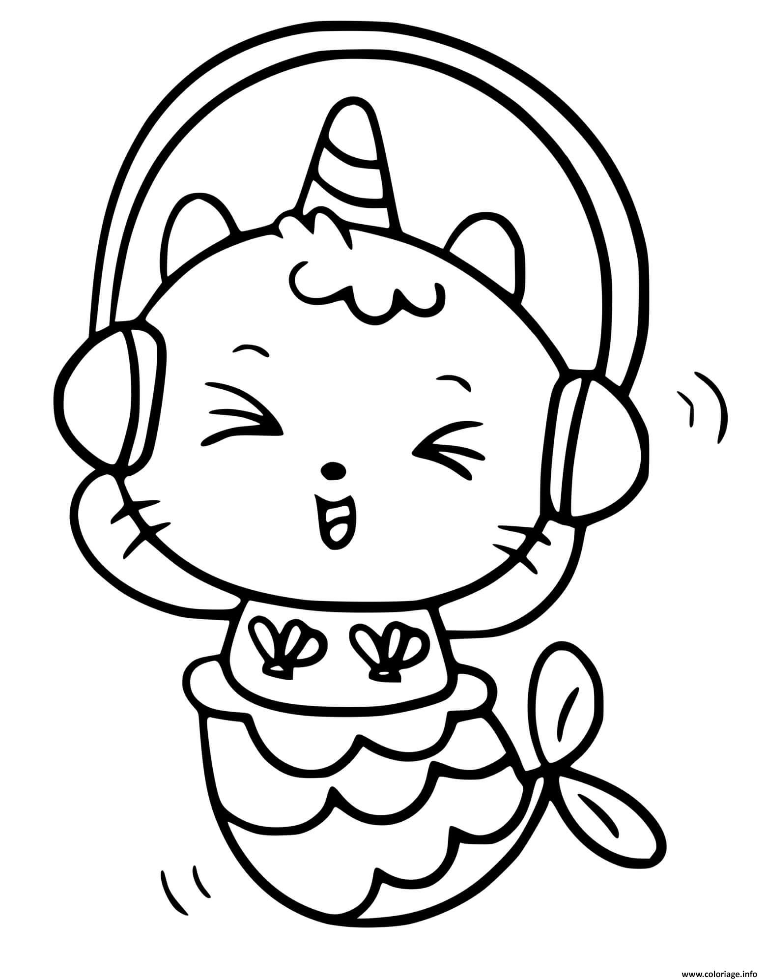Dessin chat licorne sirene qui ecoute de la musique Coloriage Gratuit à Imprimer