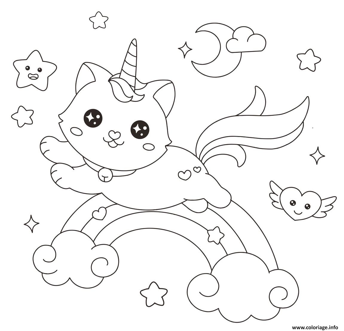 Coloriage chat licorne arc en ciel kawaii - JeColorie.com