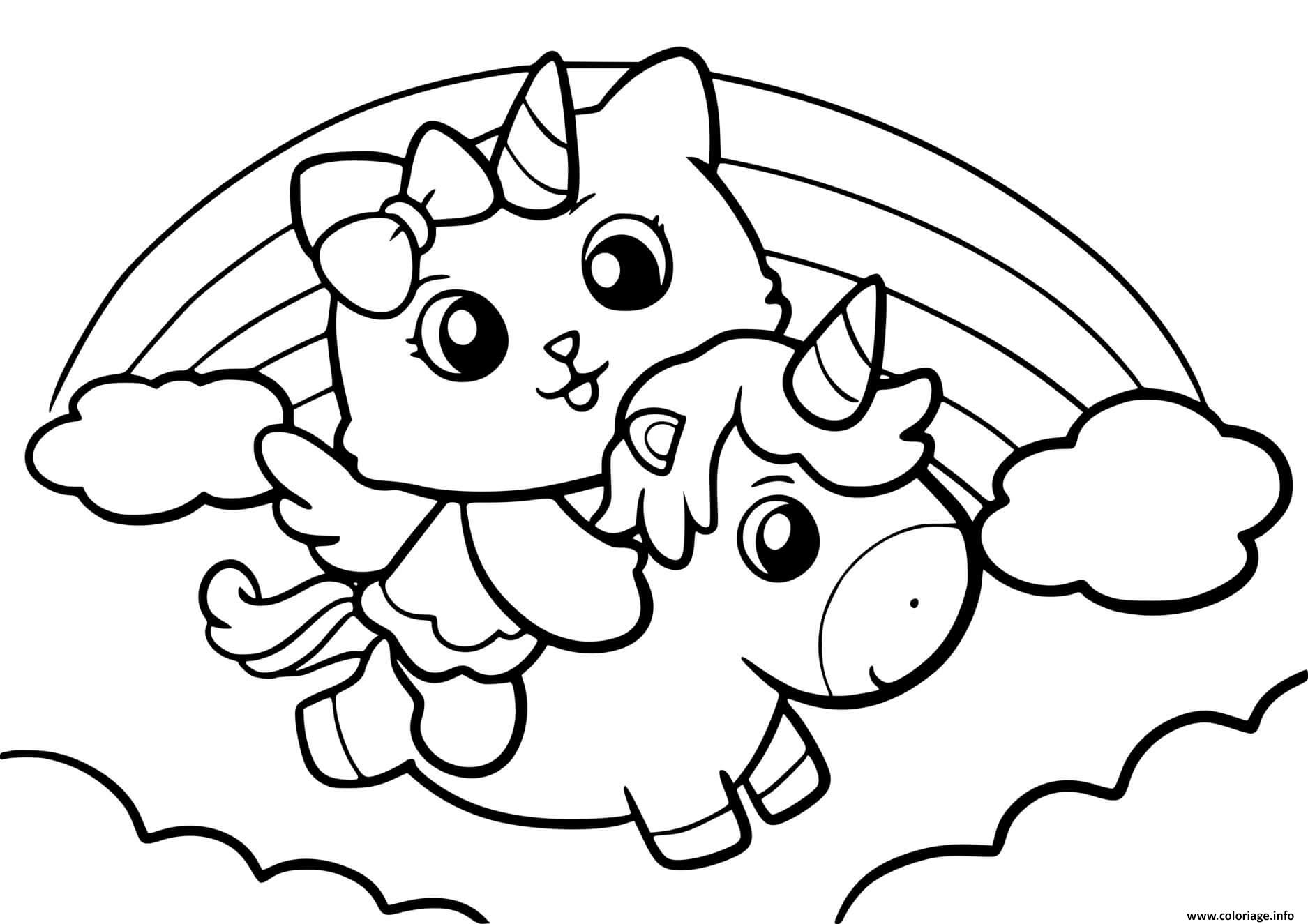 Dessin chat licorne avec une licorne dans le ciel Coloriage Gratuit à Imprimer