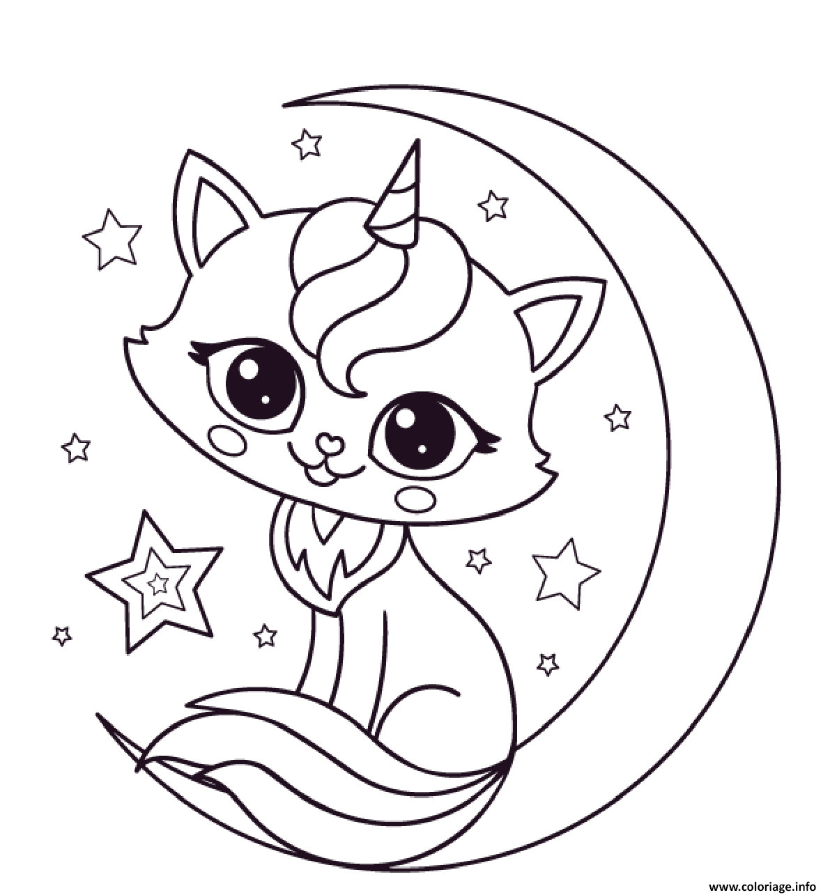 Dessin chat licorne lune mignon Coloriage Gratuit à Imprimer