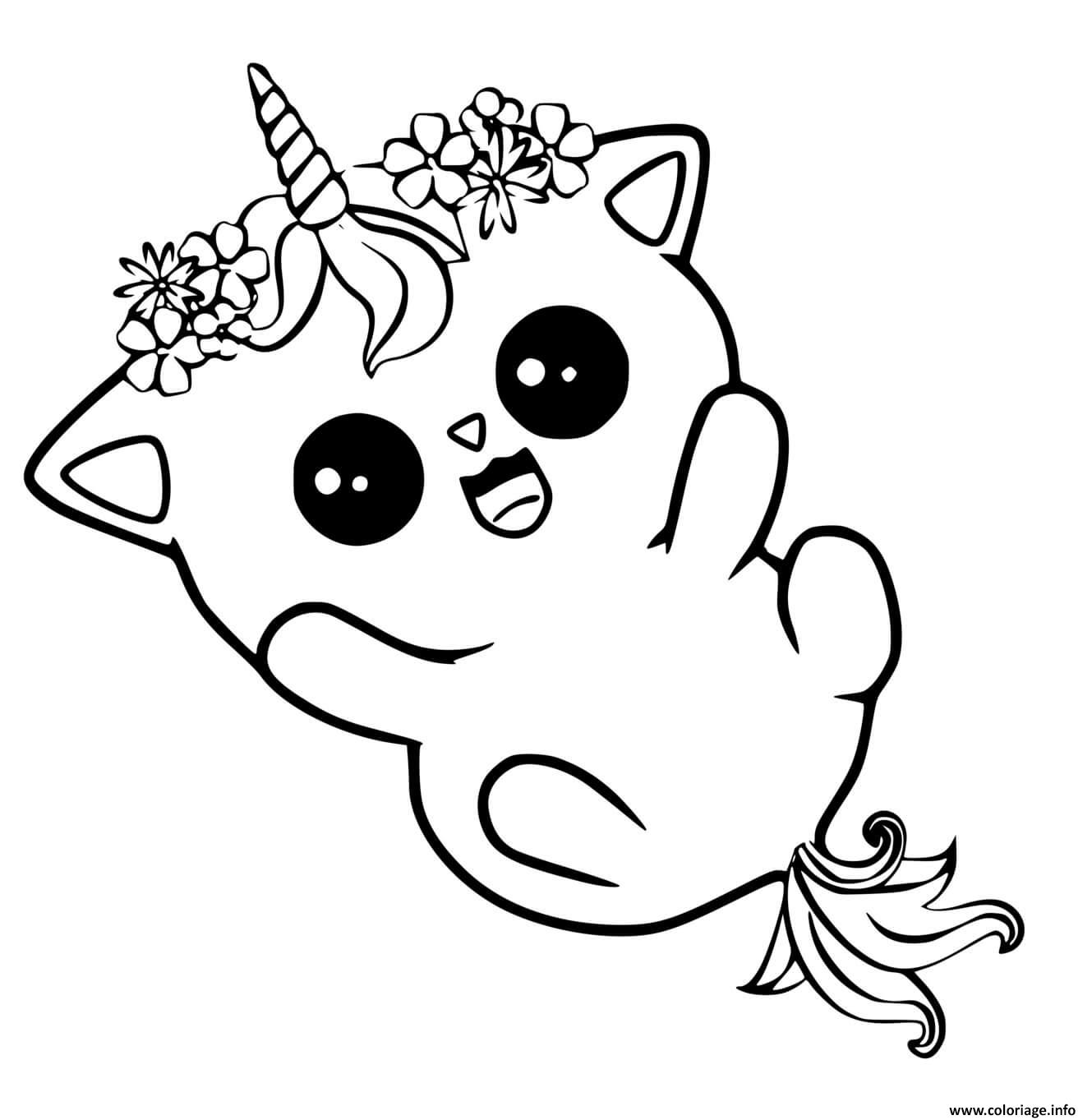 Dessin chat licorne adorable avec des fleurs Coloriage Gratuit à Imprimer