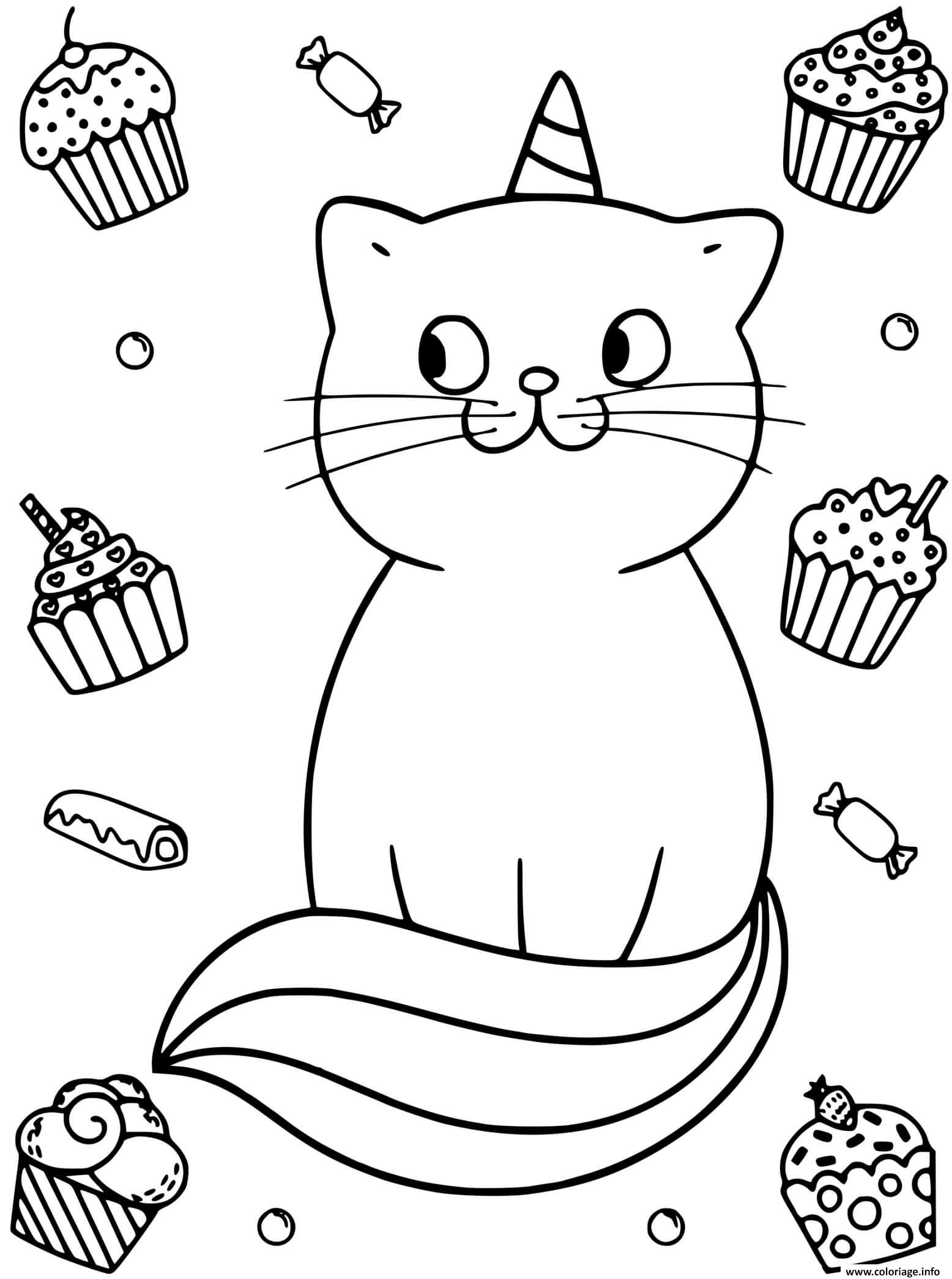 Dessin chat licorne adore les cupcakes Coloriage Gratuit à Imprimer