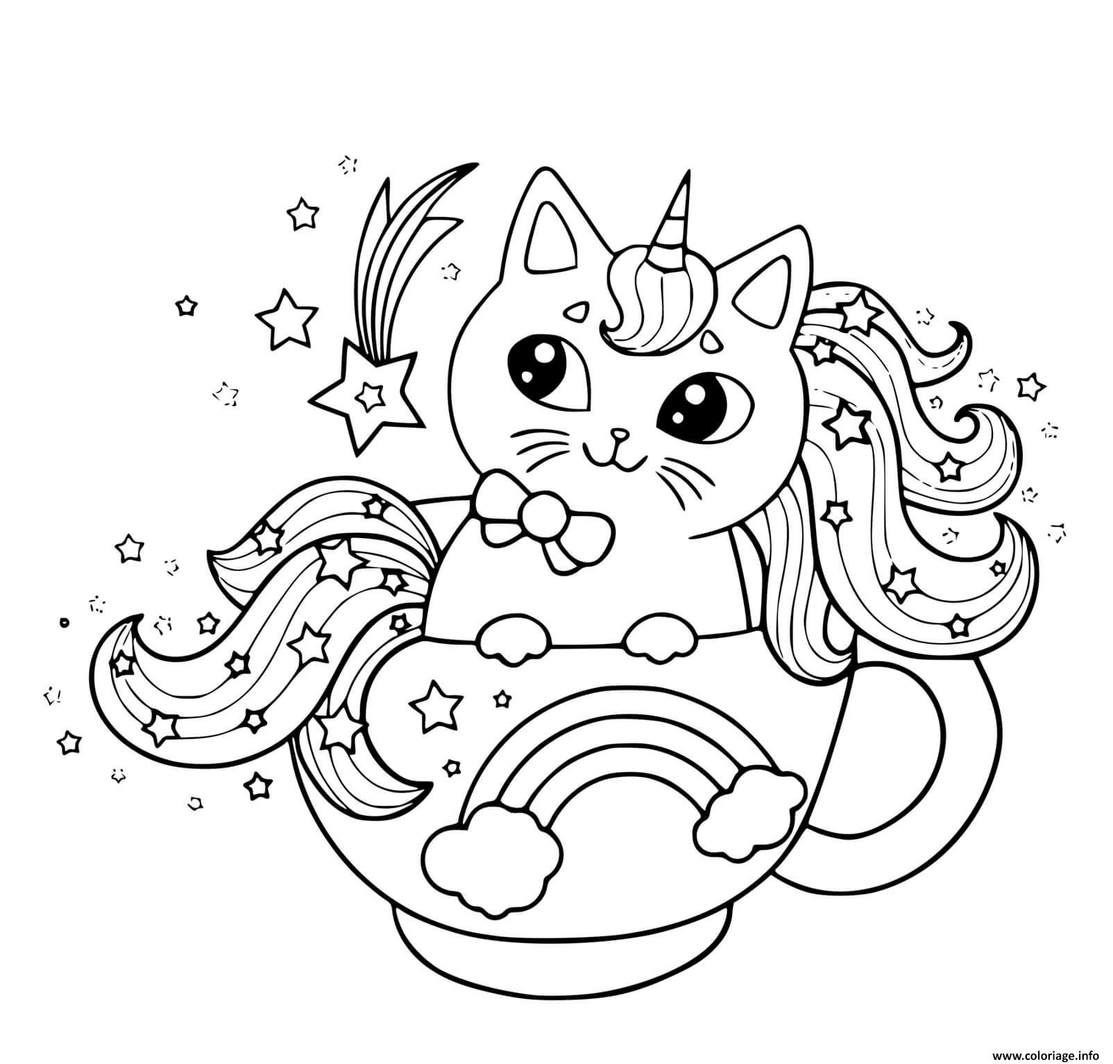 Dessin chat licorne tasse de cafe magique Coloriage Gratuit à Imprimer