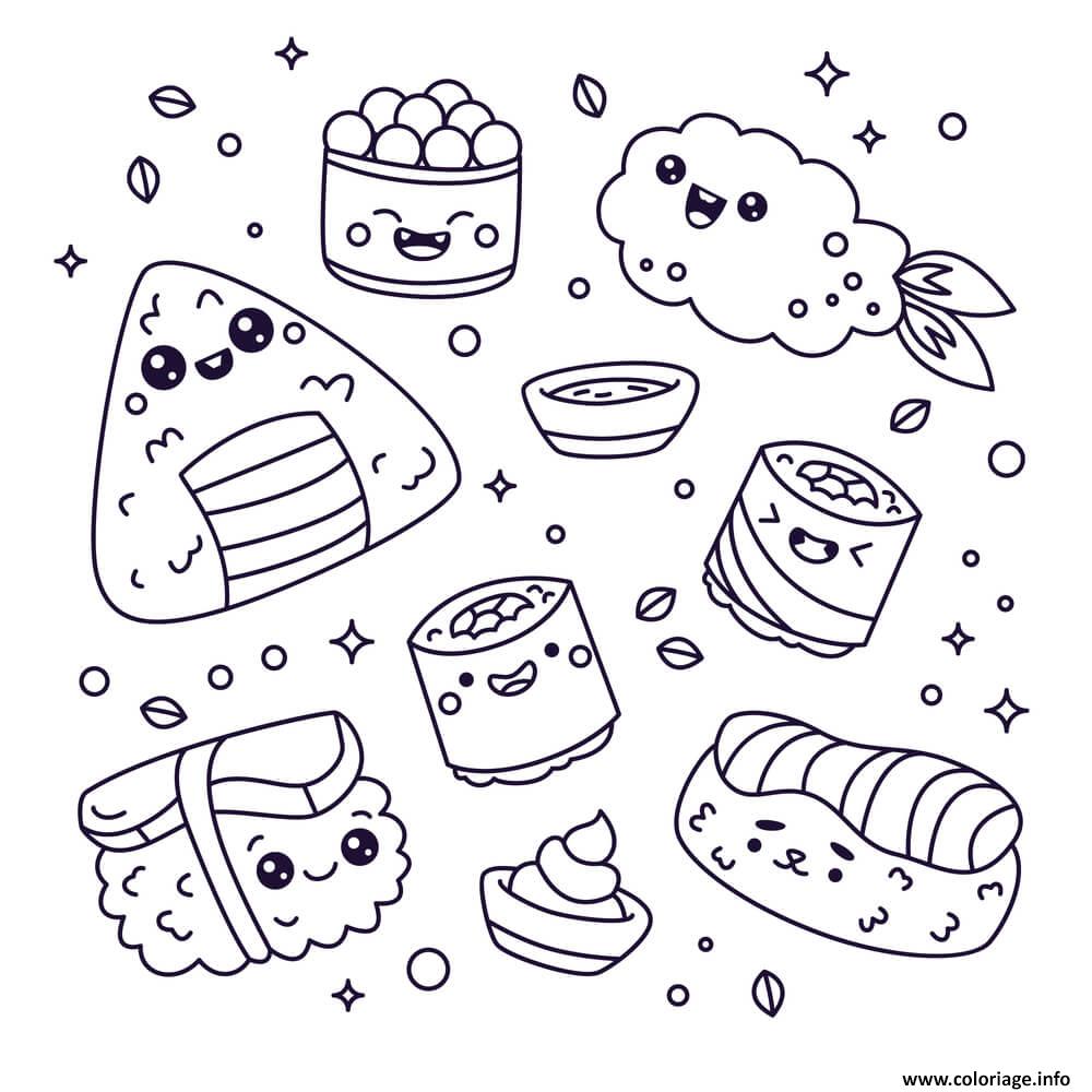 Dessin kawaii nourriture sushis Coloriage Gratuit à Imprimer