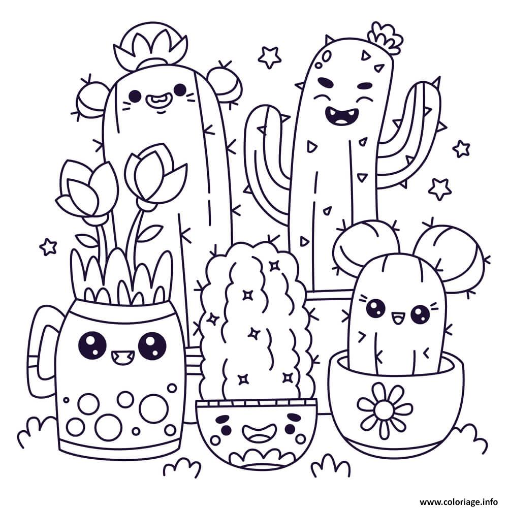 Dessin plantes et cactus kawaii Coloriage Gratuit à Imprimer