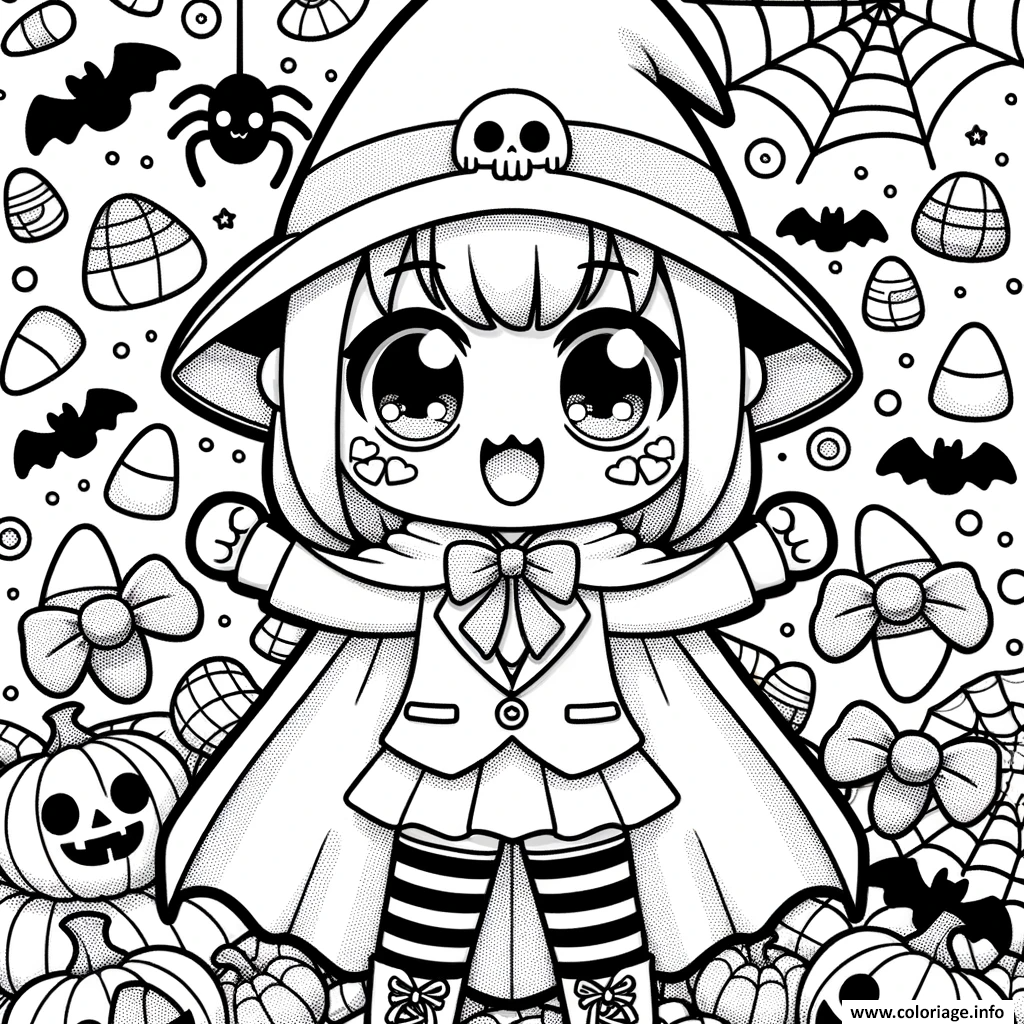 Dessin personnage kawaii cape halloween bonbons araignees Coloriage Gratuit à Imprimer