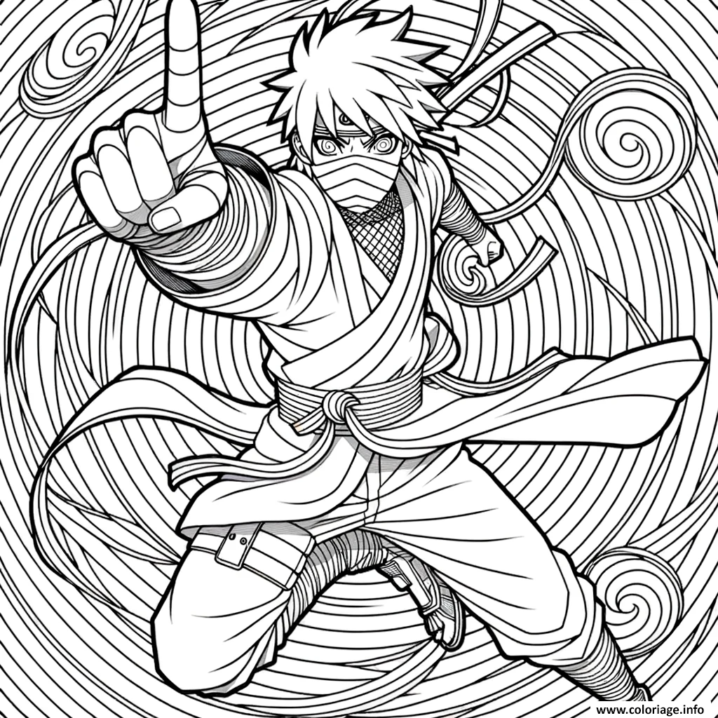 Dessin jeune combattant ninja lancant sort spirales Coloriage Gratuit à Imprimer