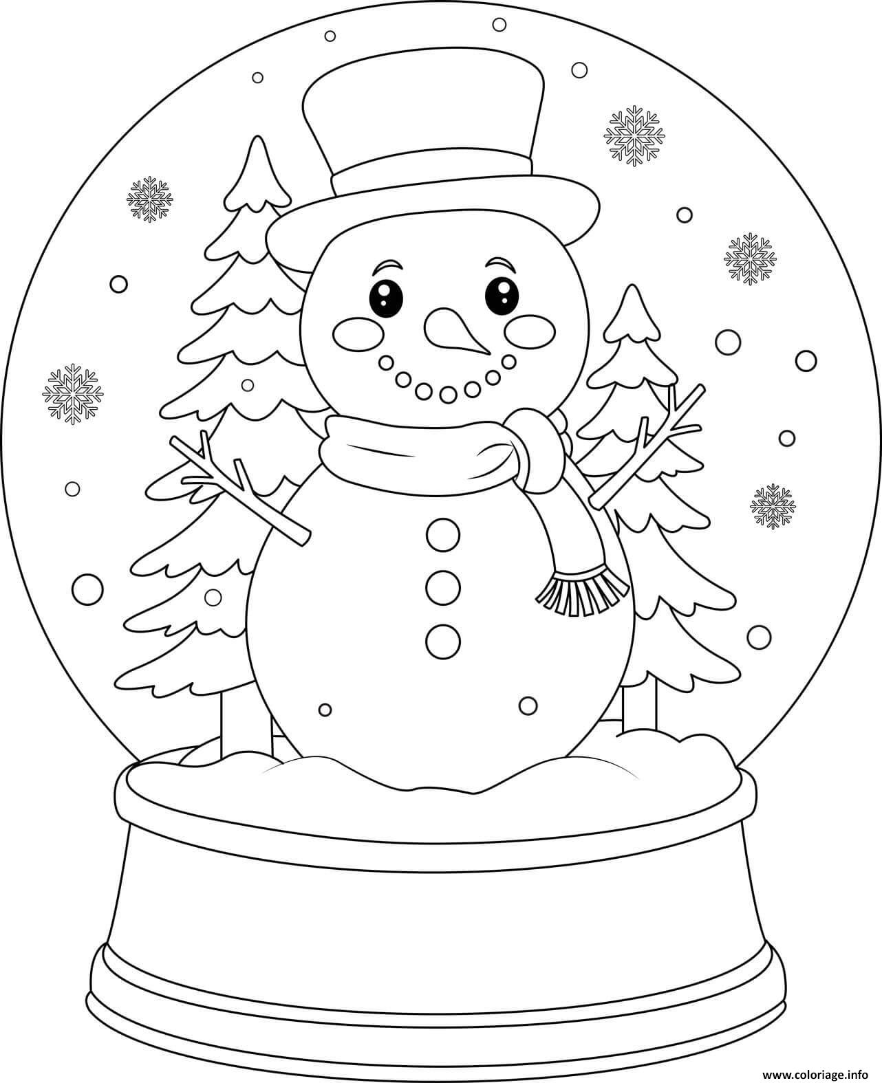Dessin bonhomme neige boule neige avec sapins Coloriage Gratuit à Imprimer