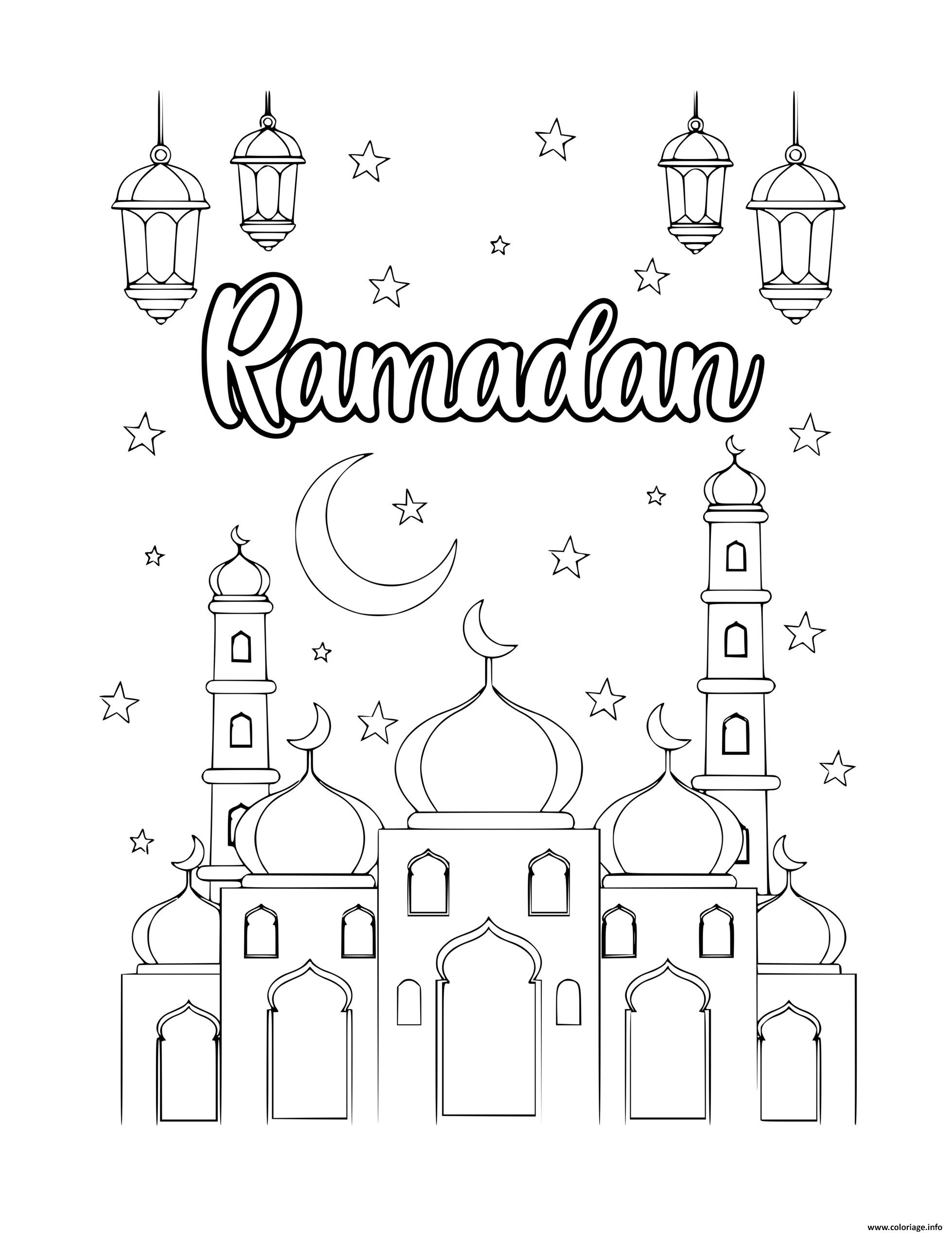 Dessin monde du ramadan lune lanterne etoiles mosques Coloriage Gratuit à Imprimer