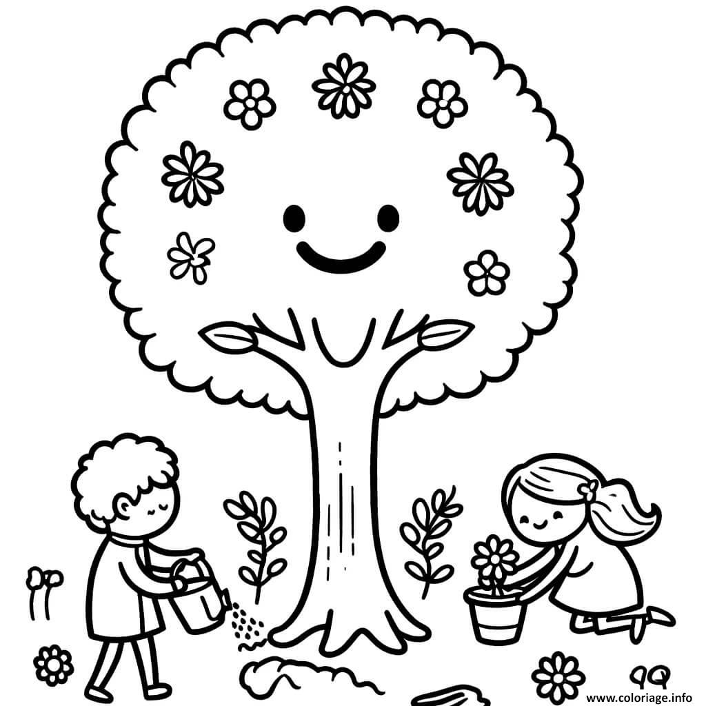 Dessin enfants qui arosent un arbre et les plantes Coloriage Gratuit à Imprimer