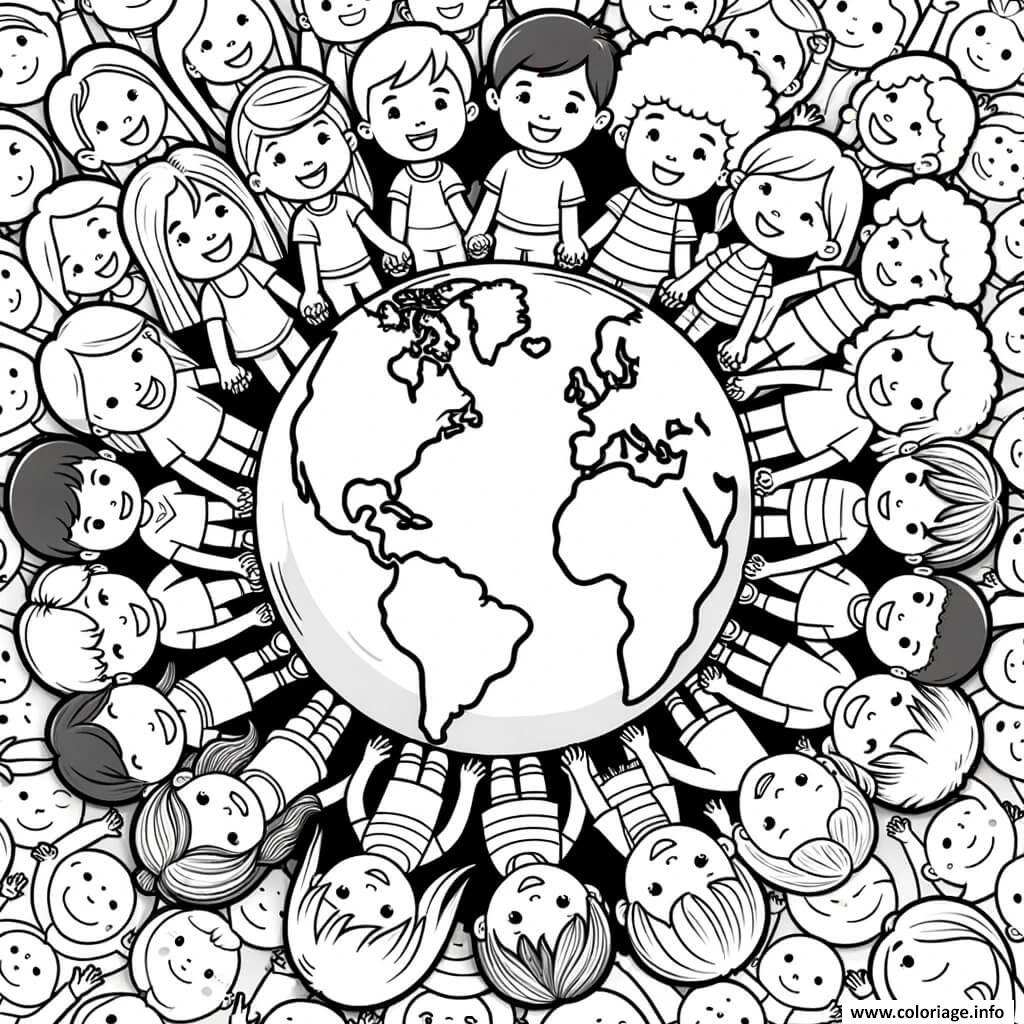 Dessin communaute enfants autour de la planete terre main dans la main soutien Coloriage Gratuit à Imprimer