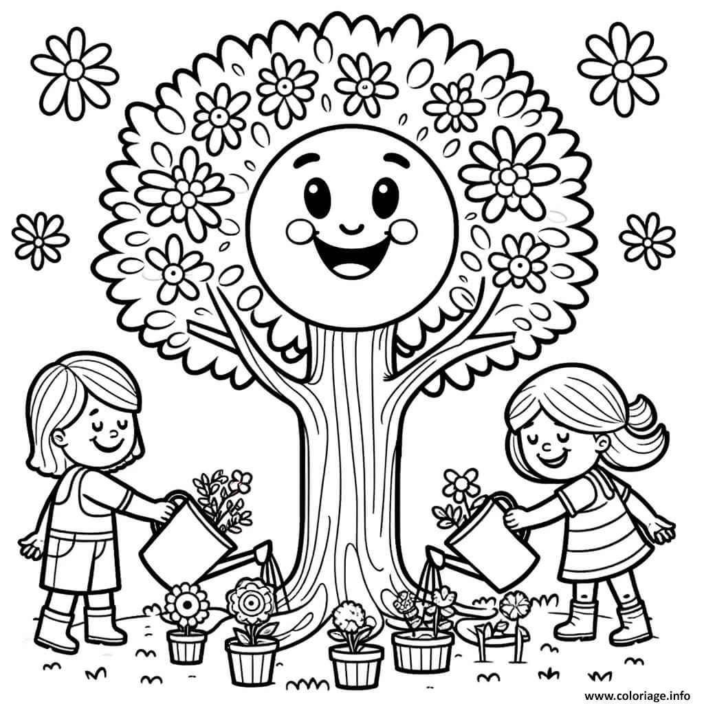 Dessin jour de la terre enfants plantes arbre Coloriage Gratuit à Imprimer
