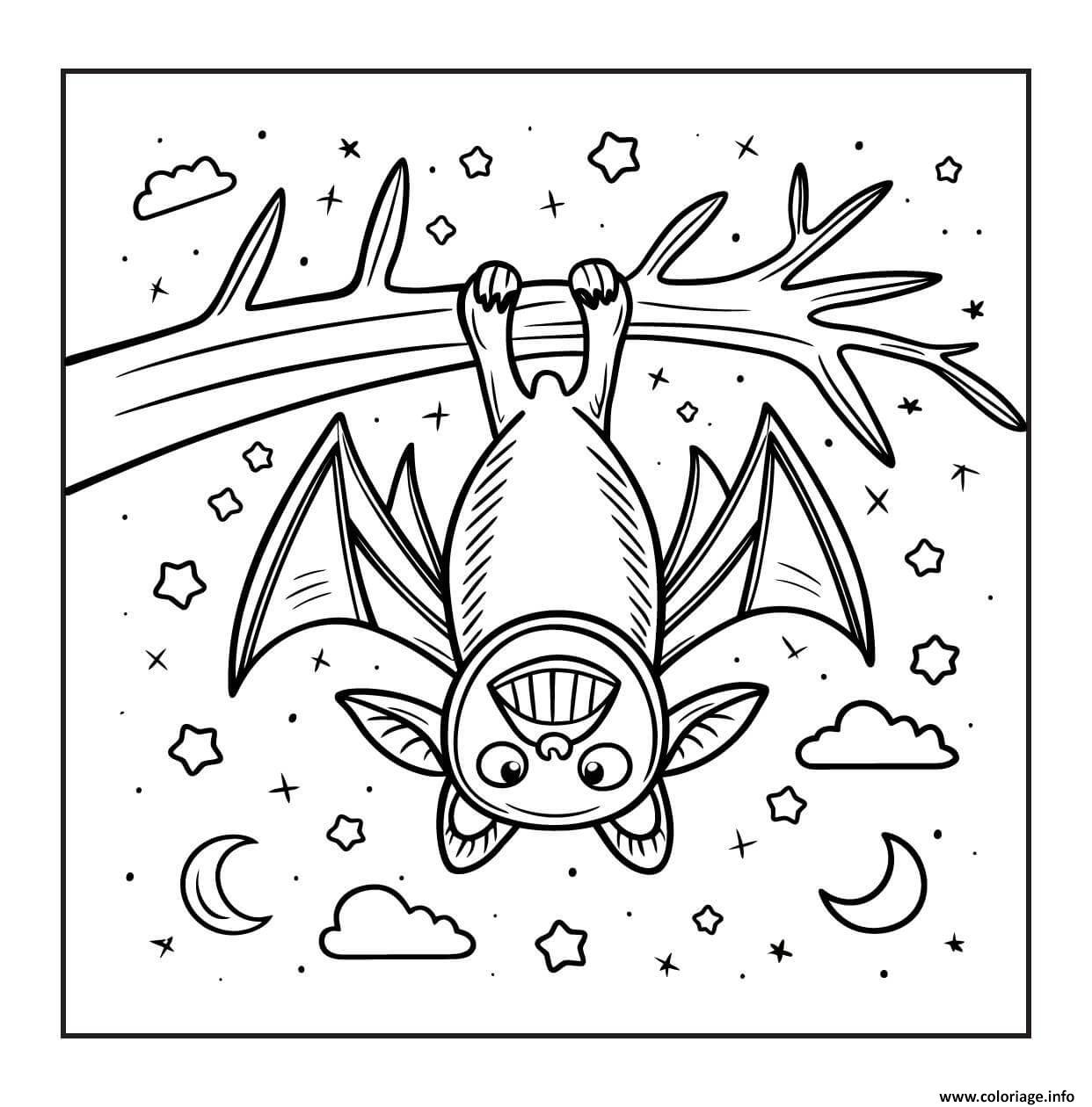 Dessin chauve souris halloween suspendue amicale Coloriage Gratuit à Imprimer