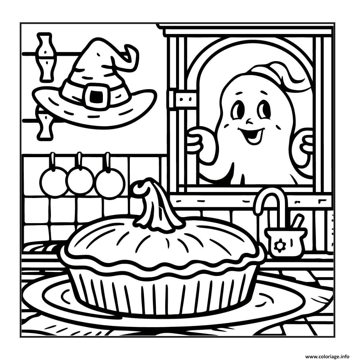 Dessin tarte halloween avec fantome a la fenetre Coloriage Gratuit à Imprimer