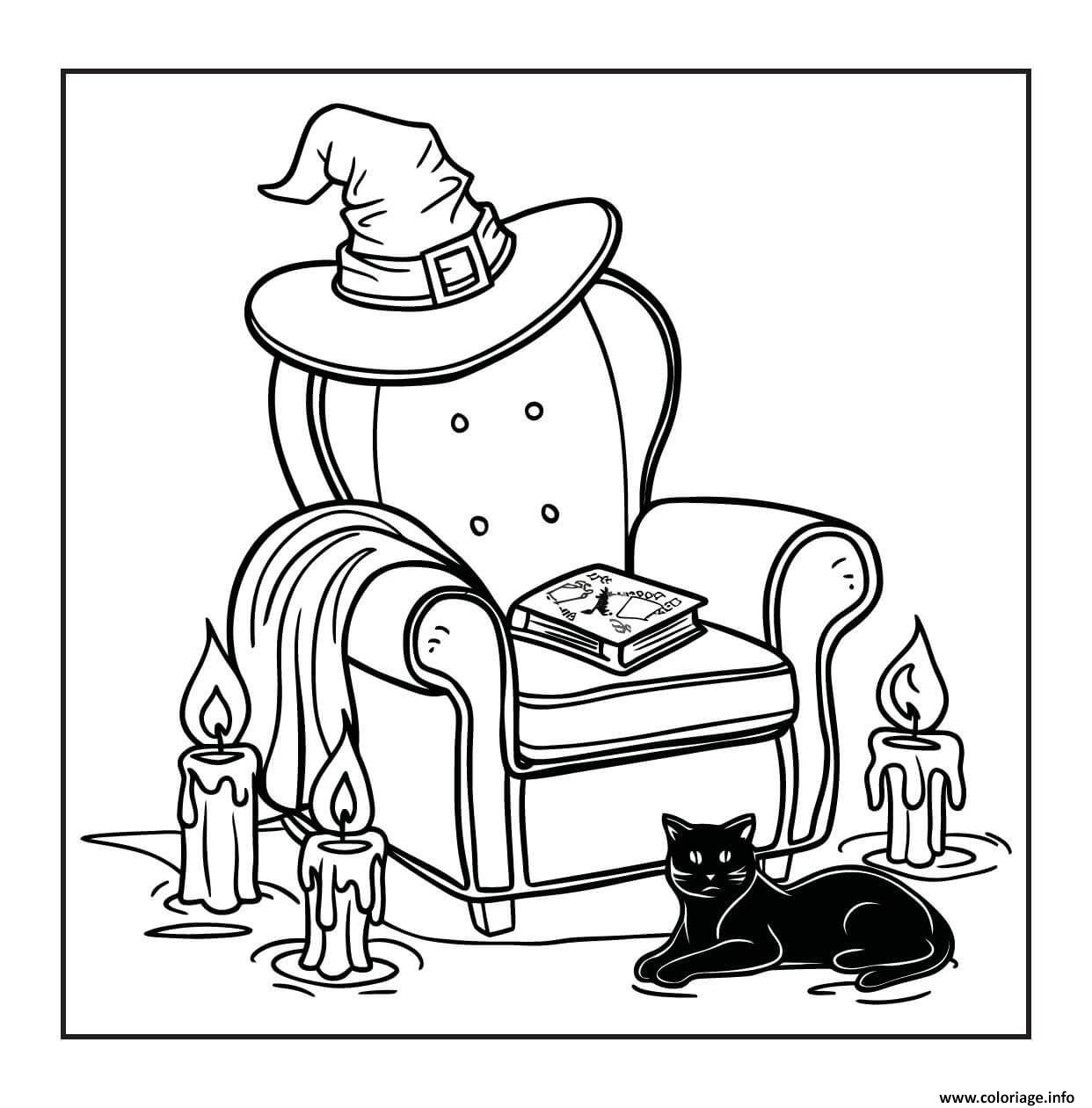 Dessin chaise de sorciere et son chat noir Coloriage Gratuit à Imprimer