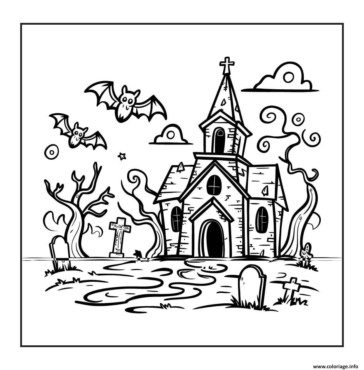 Dessin eglise hantee et chauves souris Coloriage Gratuit à Imprimer