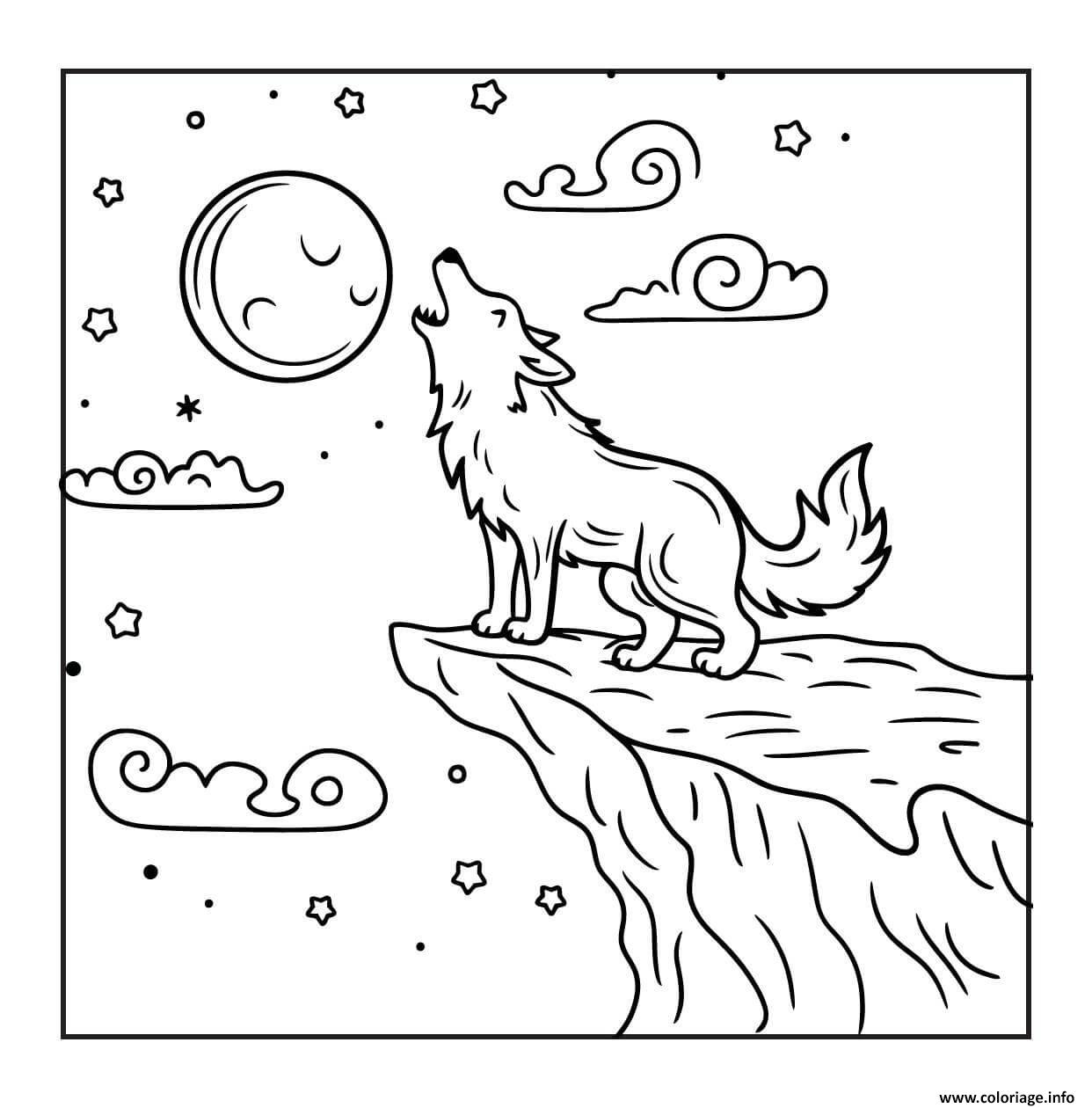 Dessin loup hurlant devant la lune halloween Coloriage Gratuit à Imprimer