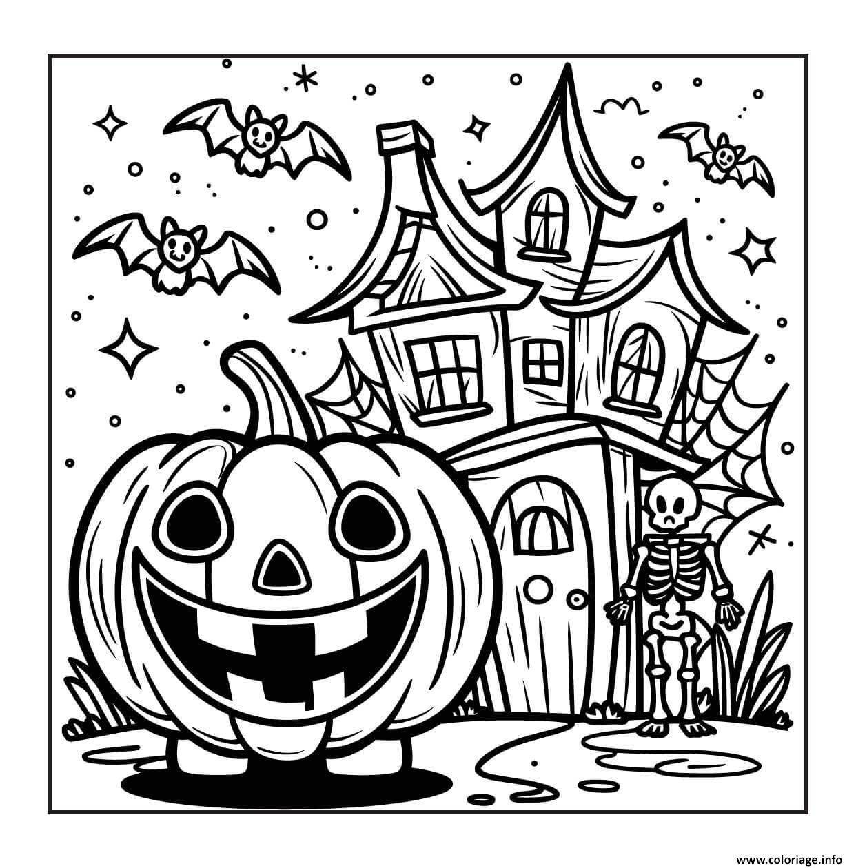 Dessin grande citrouille et maison hantee Coloriage Gratuit à Imprimer