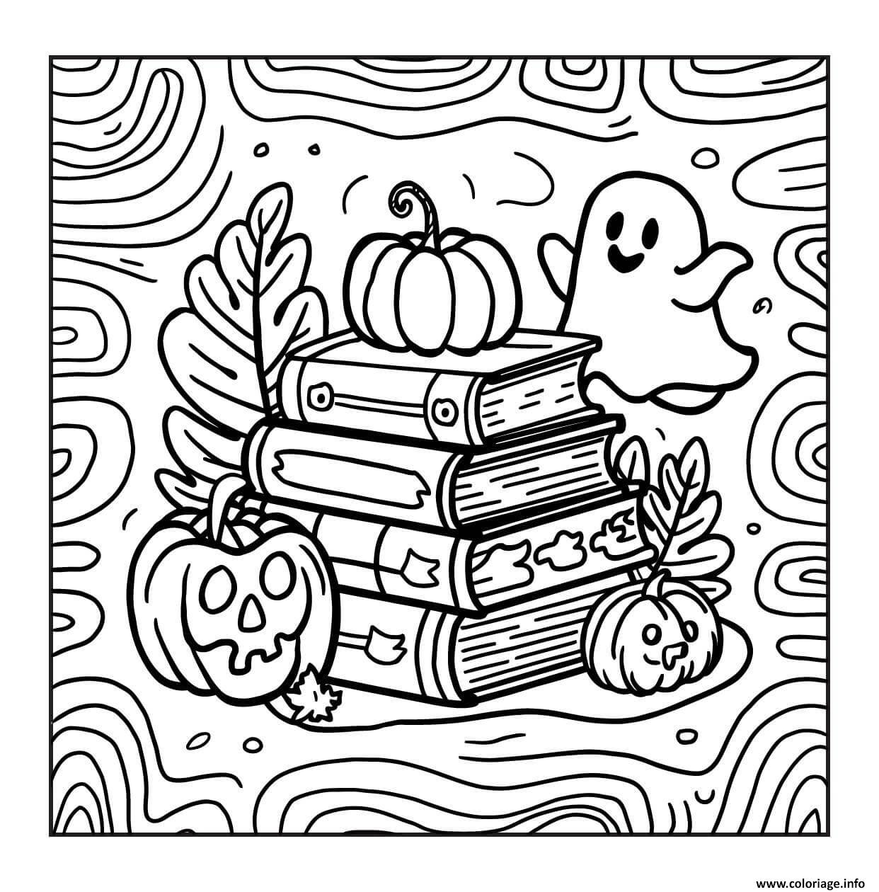 Dessin livres et fantome au coin halloween Coloriage Gratuit à Imprimer