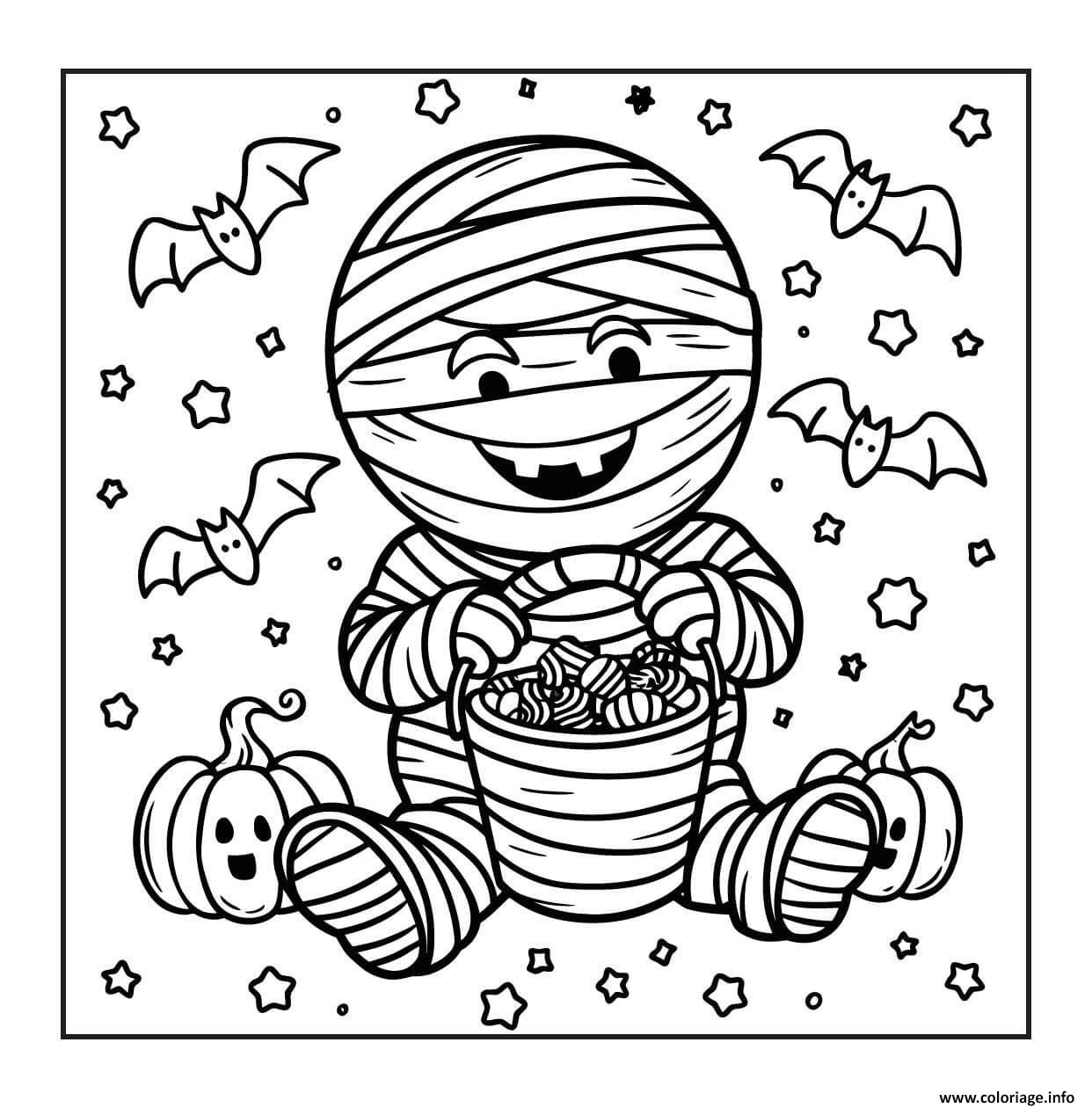 Dessin petite momie et son seau bonbons Coloriage Gratuit à Imprimer