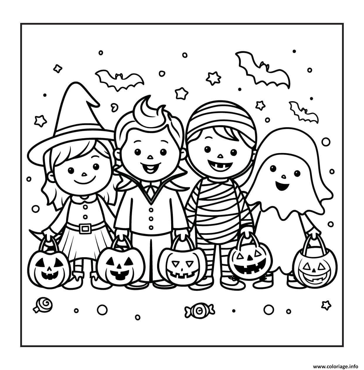 Dessin groupe enfants costumes fete halloween Coloriage Gratuit à Imprimer