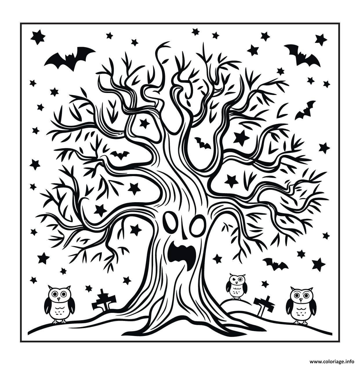 Dessin arbre hante et chouettes effrayantes Coloriage Gratuit à Imprimer