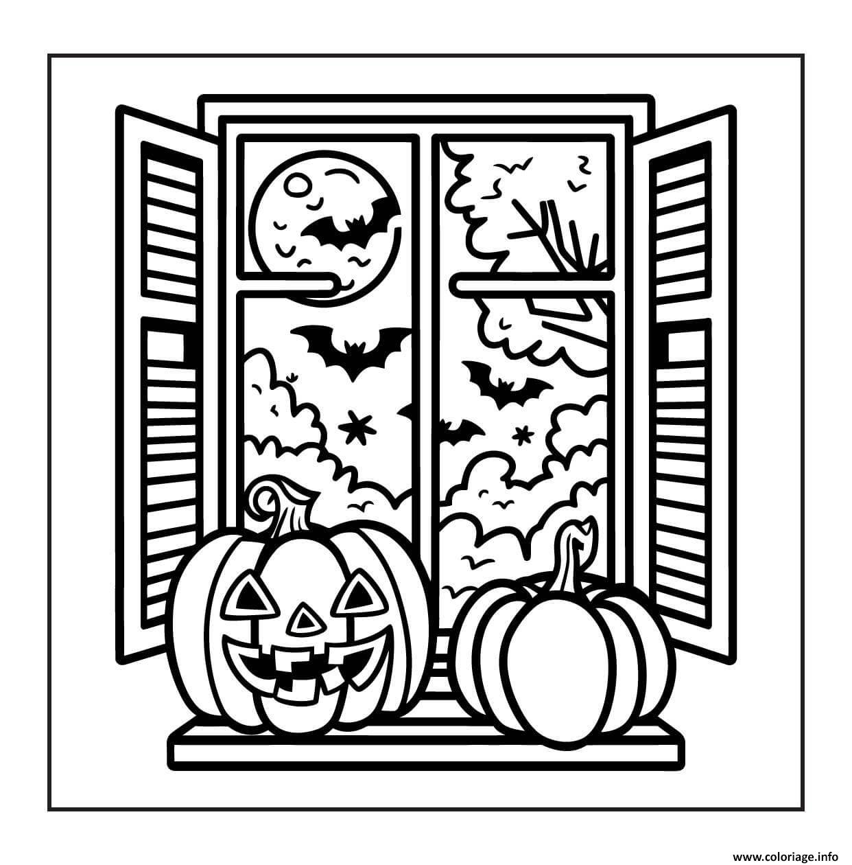 Dessin citrouilles et chauves souris par la fenetre Coloriage Gratuit à Imprimer