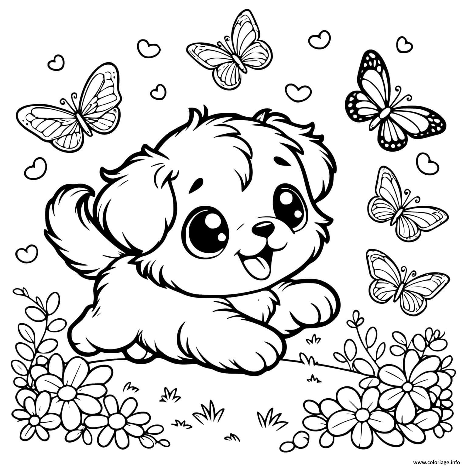 Dessin chien puppy qui court dans le jardin papillons Coloriage Gratuit à Imprimer