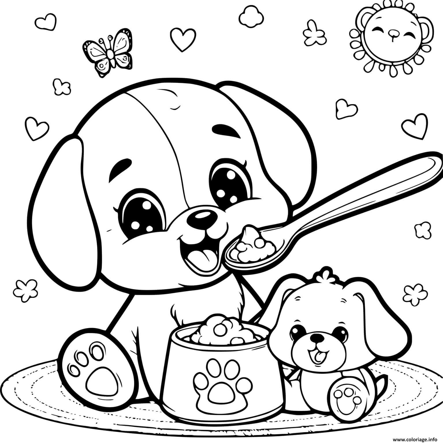 Dessin chien kawaii avec son bebe qui dejeune Coloriage Gratuit à Imprimer