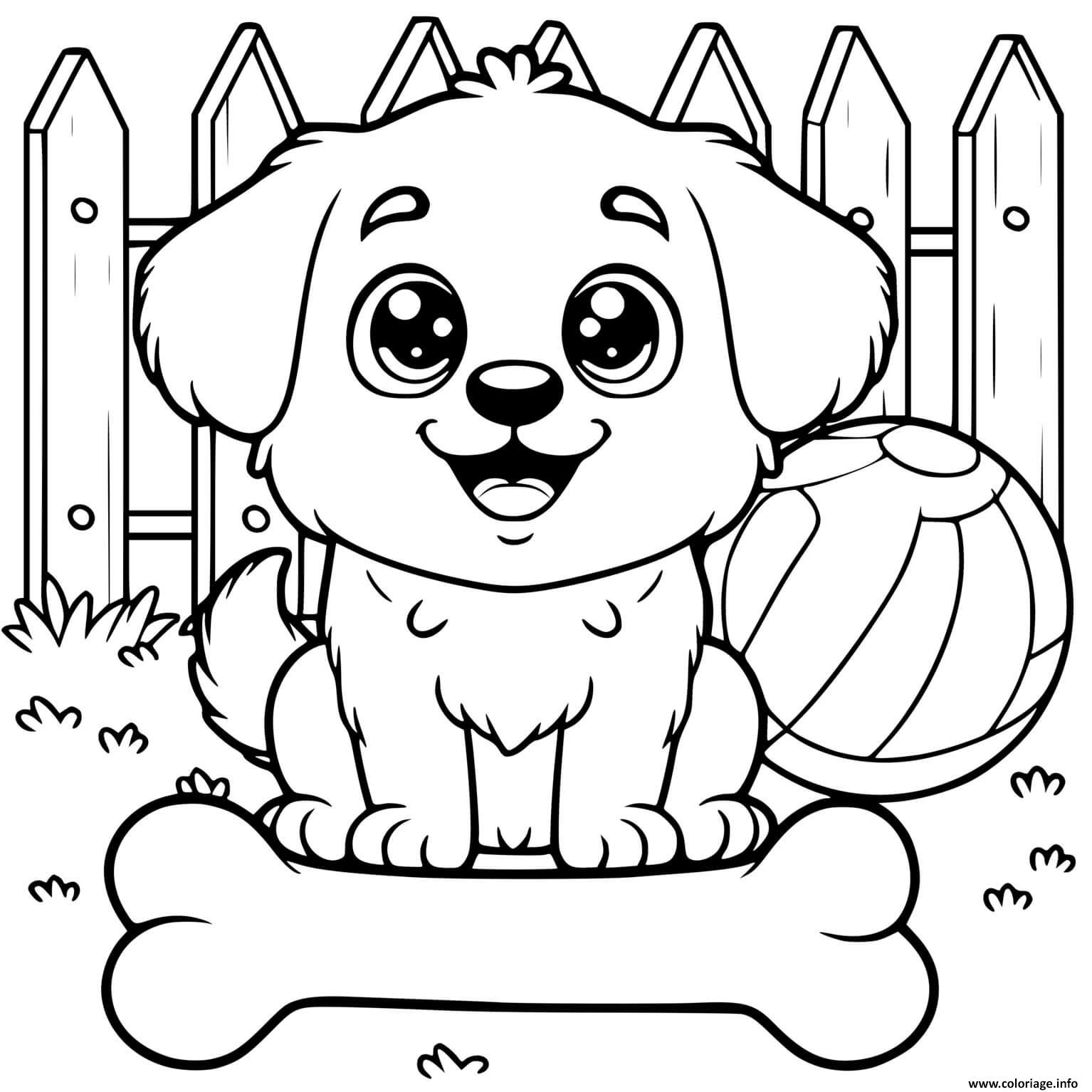 Dessin chien puppy avec un os et un ballon pret a jouer Coloriage Gratuit à Imprimer