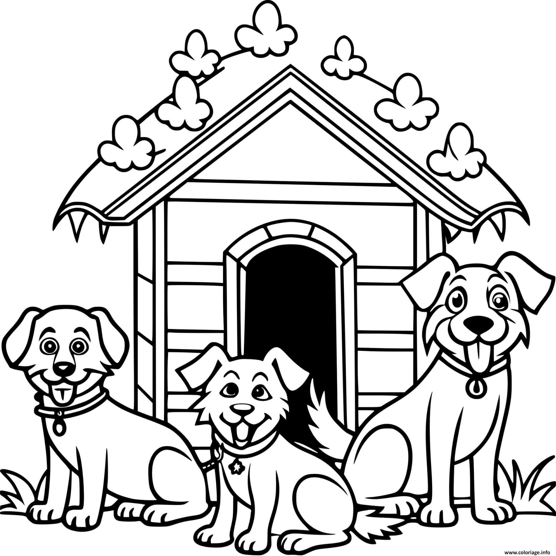 Dessin trois chiens devant leur maison Coloriage Gratuit à Imprimer