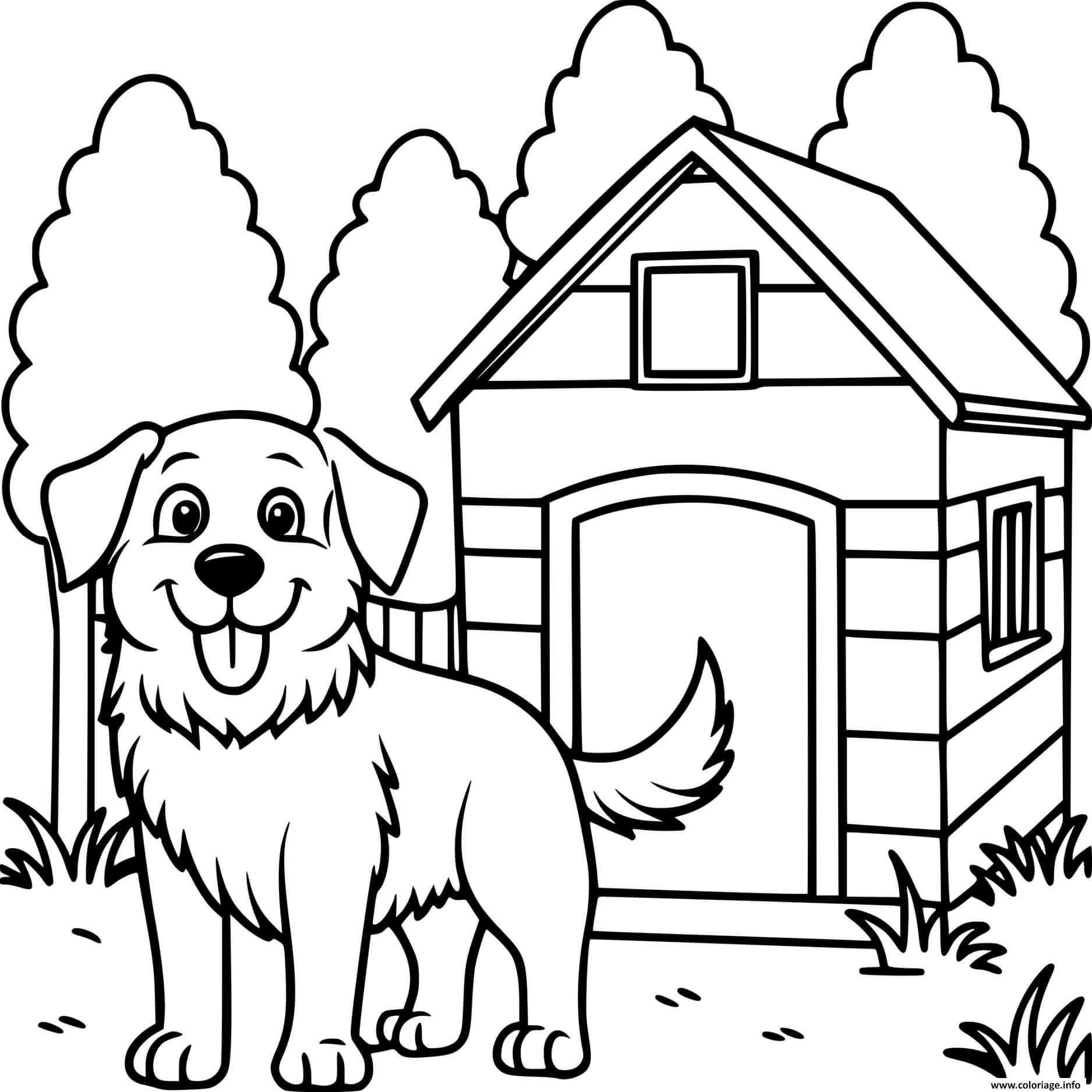 Dessin chien devant sa maison dans la foret Coloriage Gratuit à Imprimer